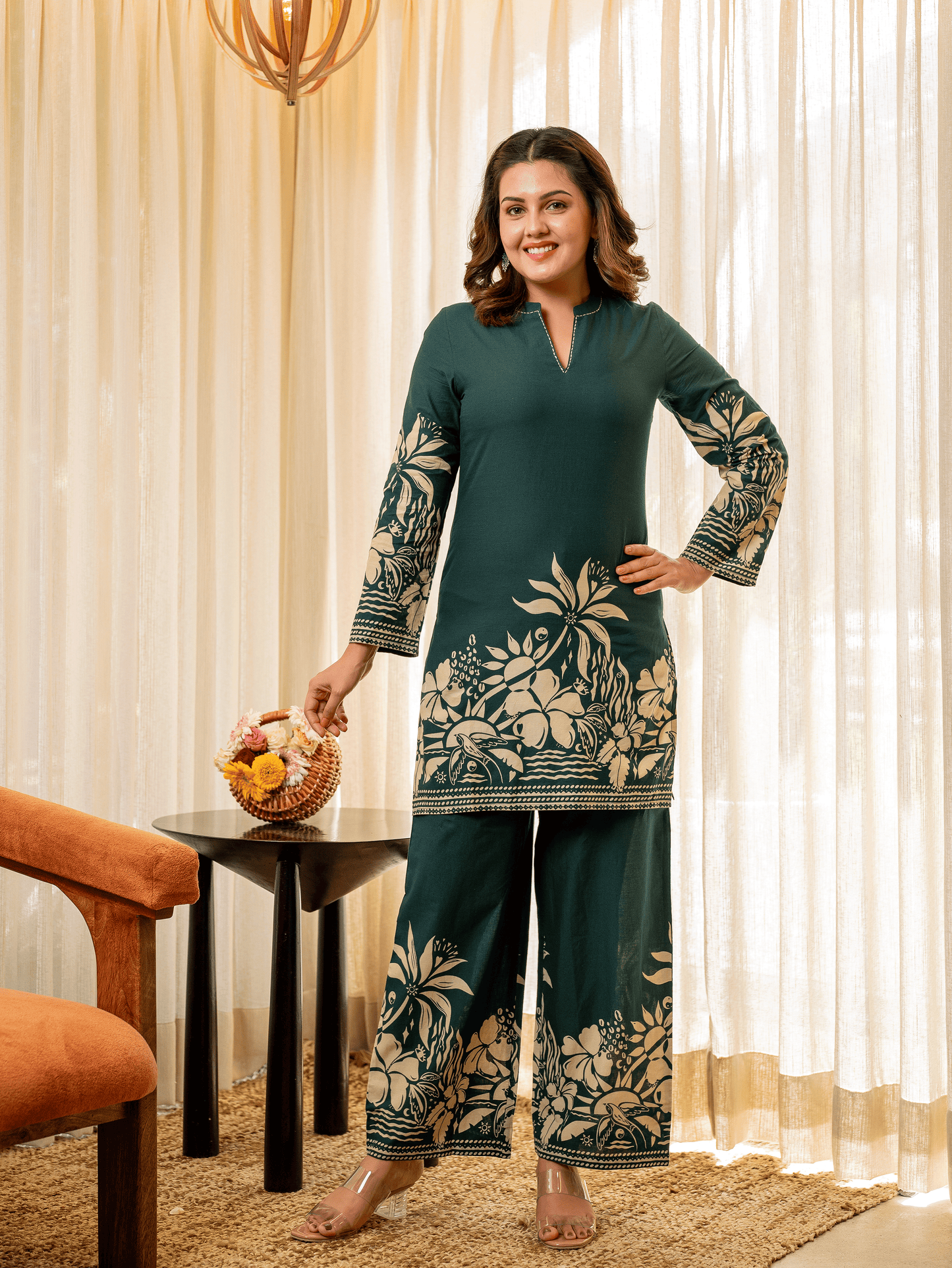 Embroidered Soft Cotton Placement Print Straight Green Kurta