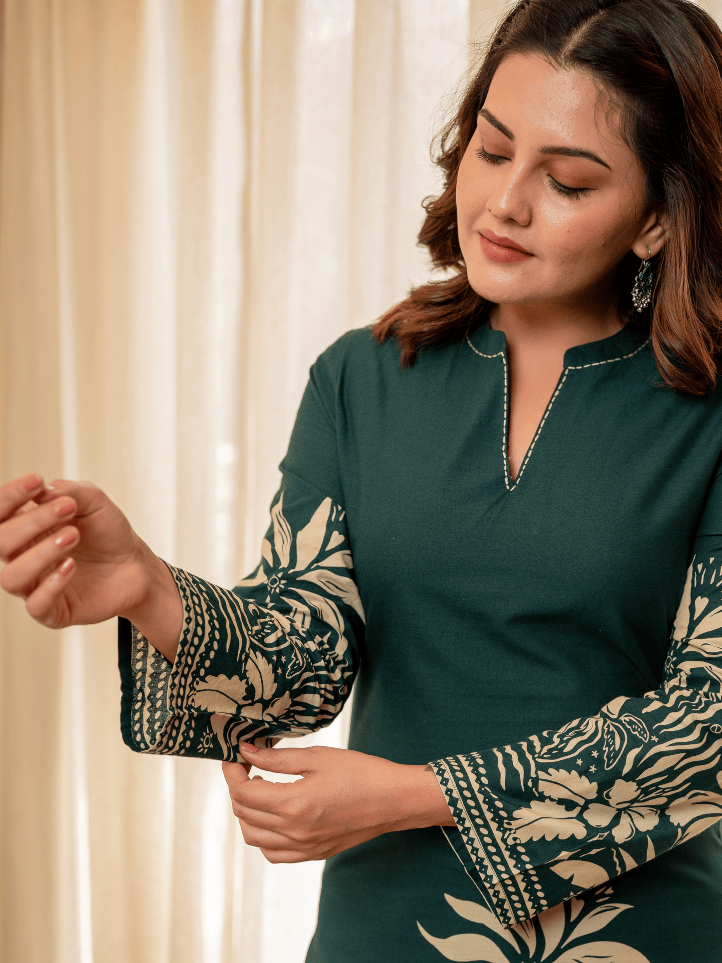 Embroidered Soft Cotton Placement Print Straight Green Kurta
