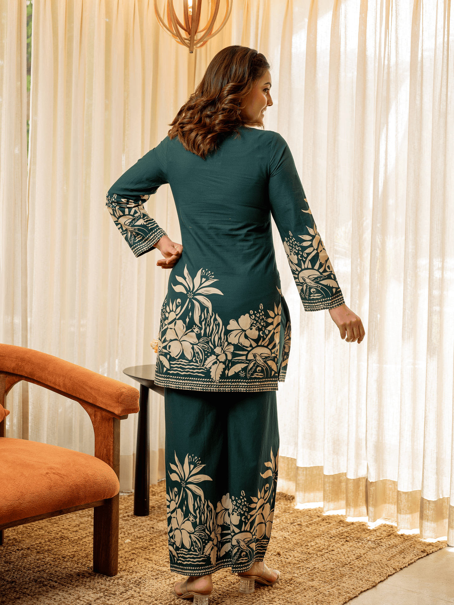 Embroidered Soft Cotton Placement Print Straight Green Kurta