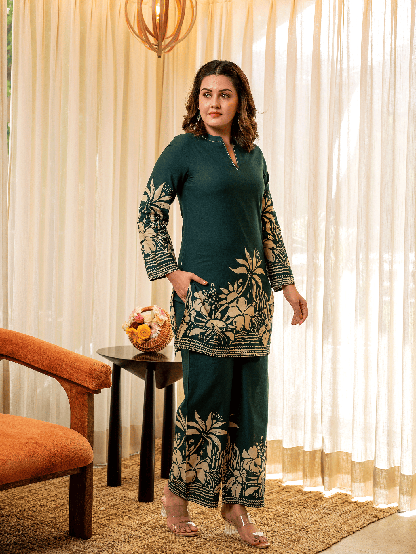 Embroidered Soft Cotton Placement Print Straight Green Kurta