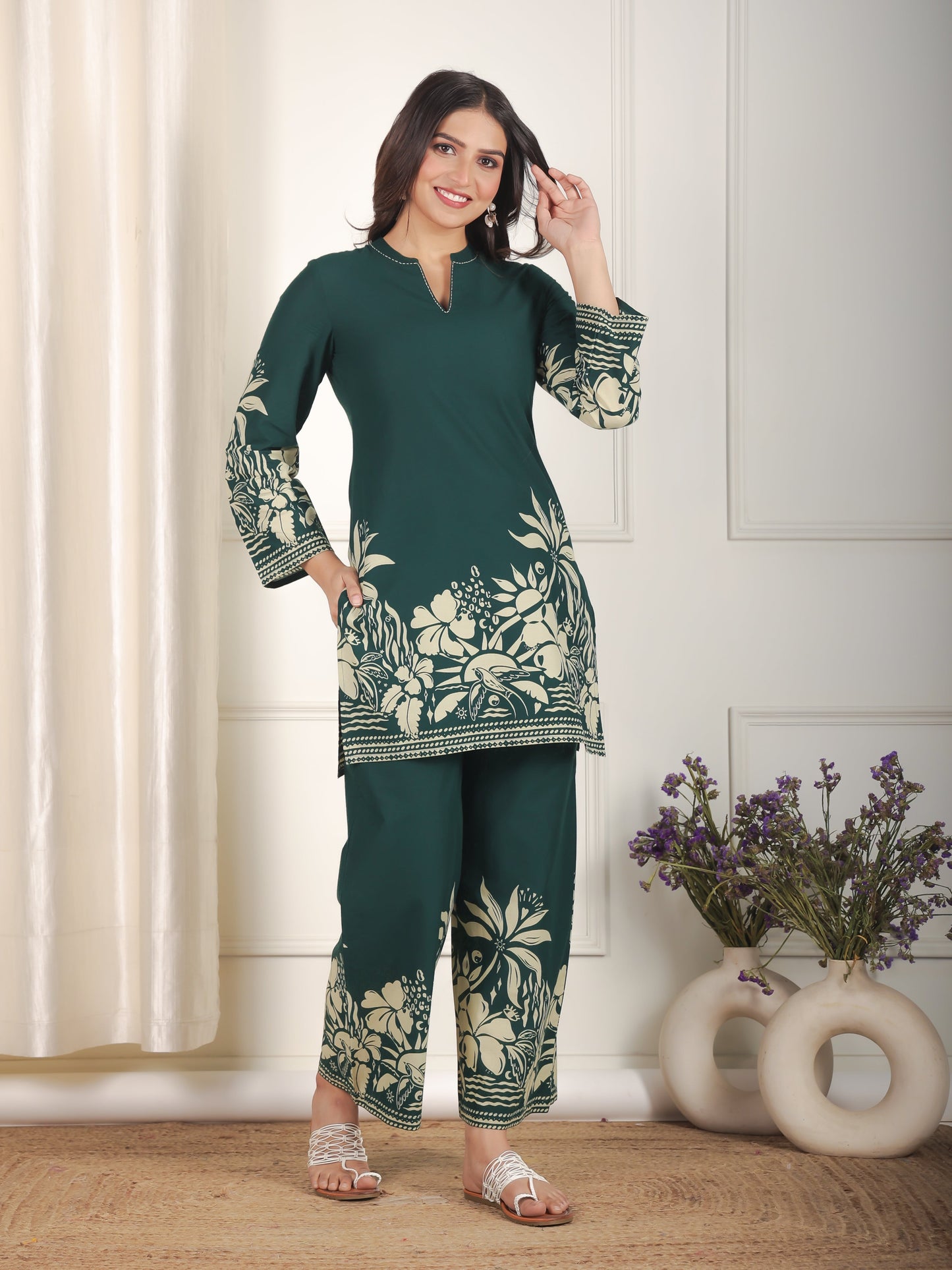 Embroidered Soft Cotton Placement Print Straight Green Kurta