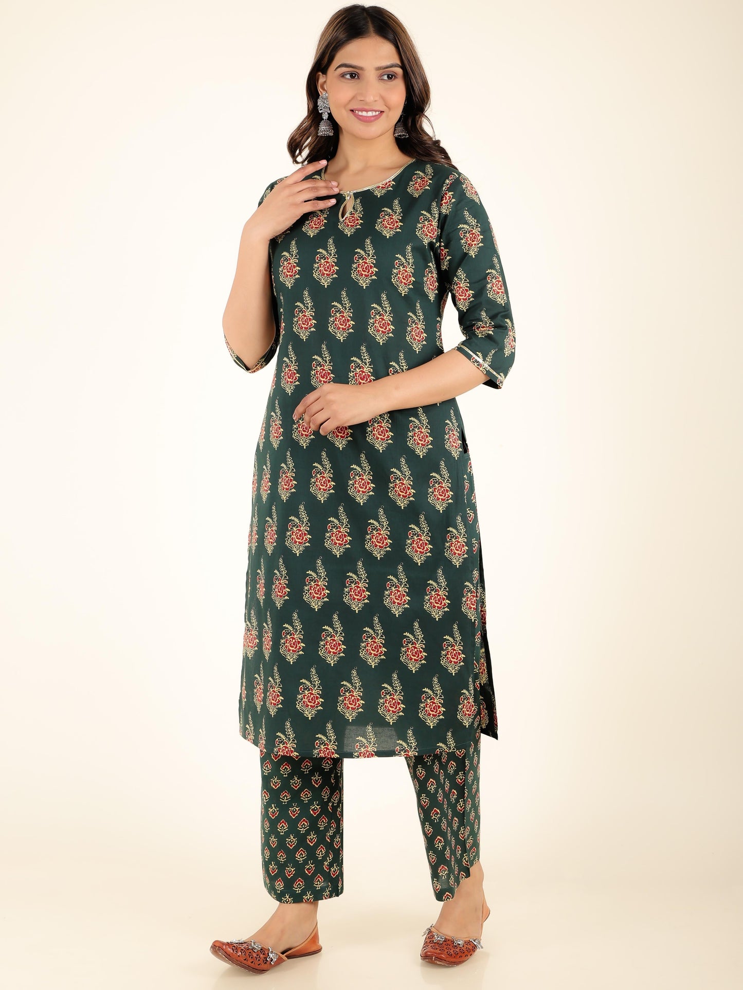 Soft Cotton Floral Straight Green Kurta