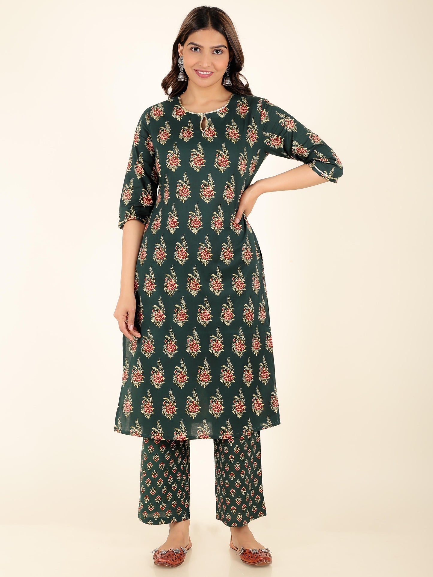 Soft Cotton Floral Straight Green Kurta
