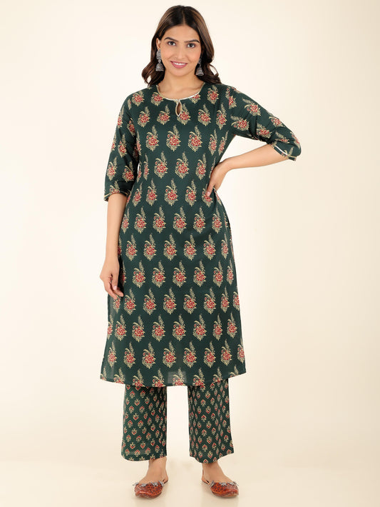 Soft Cotton Floral Straight Green Kurta