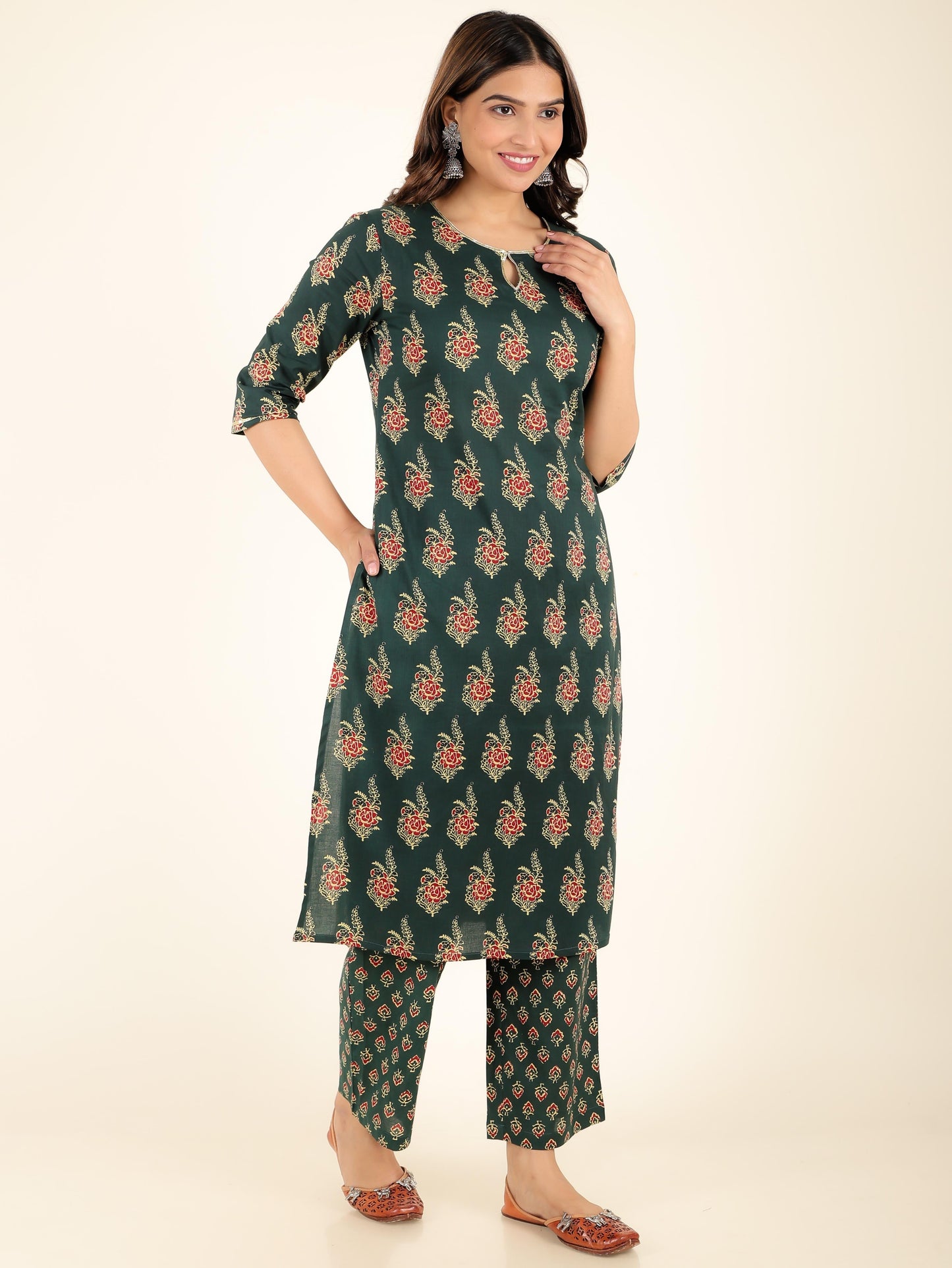 Soft Cotton Floral Straight Green Kurta