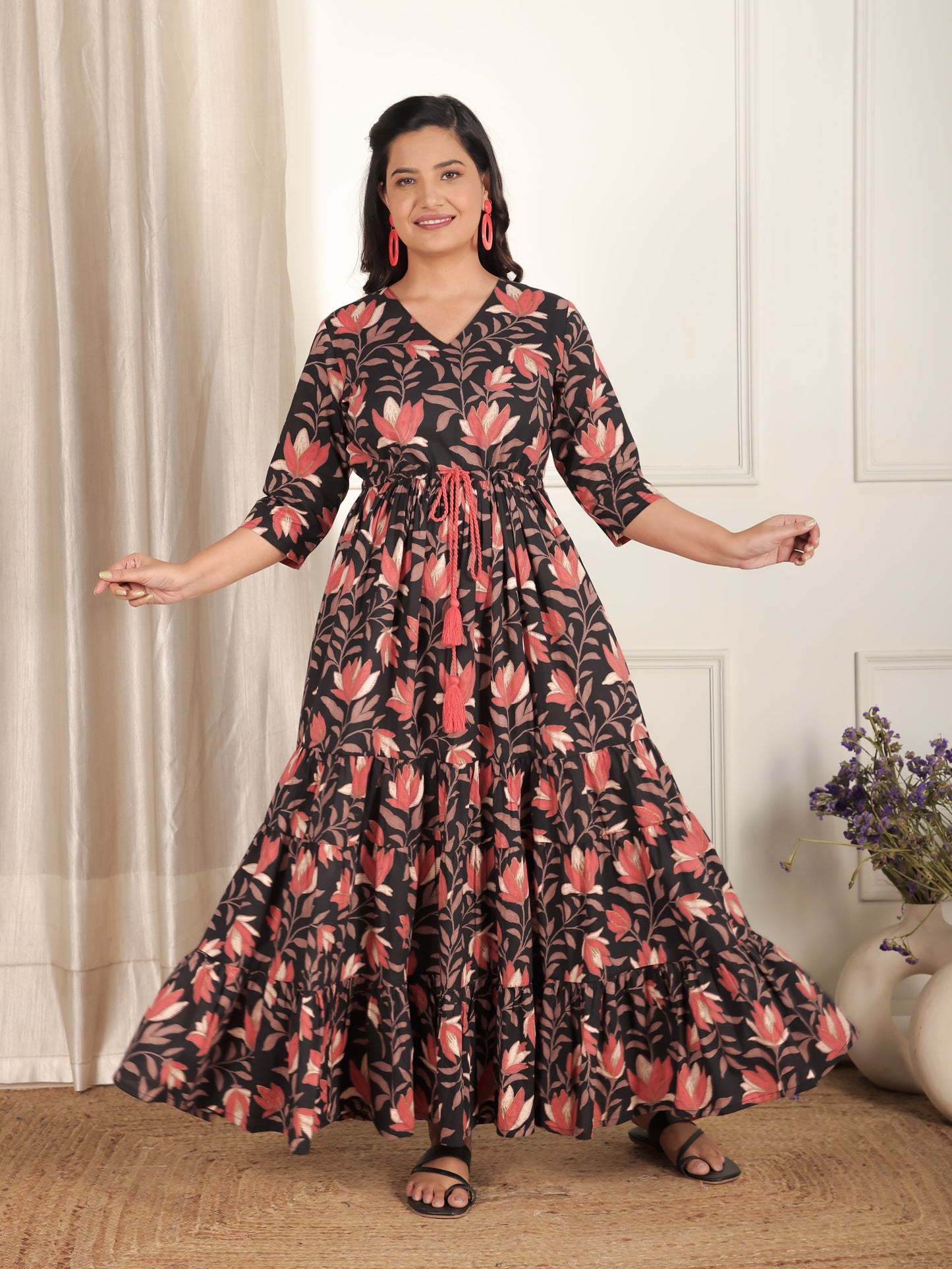 Soft Cotton Floral Tiered Black Dress