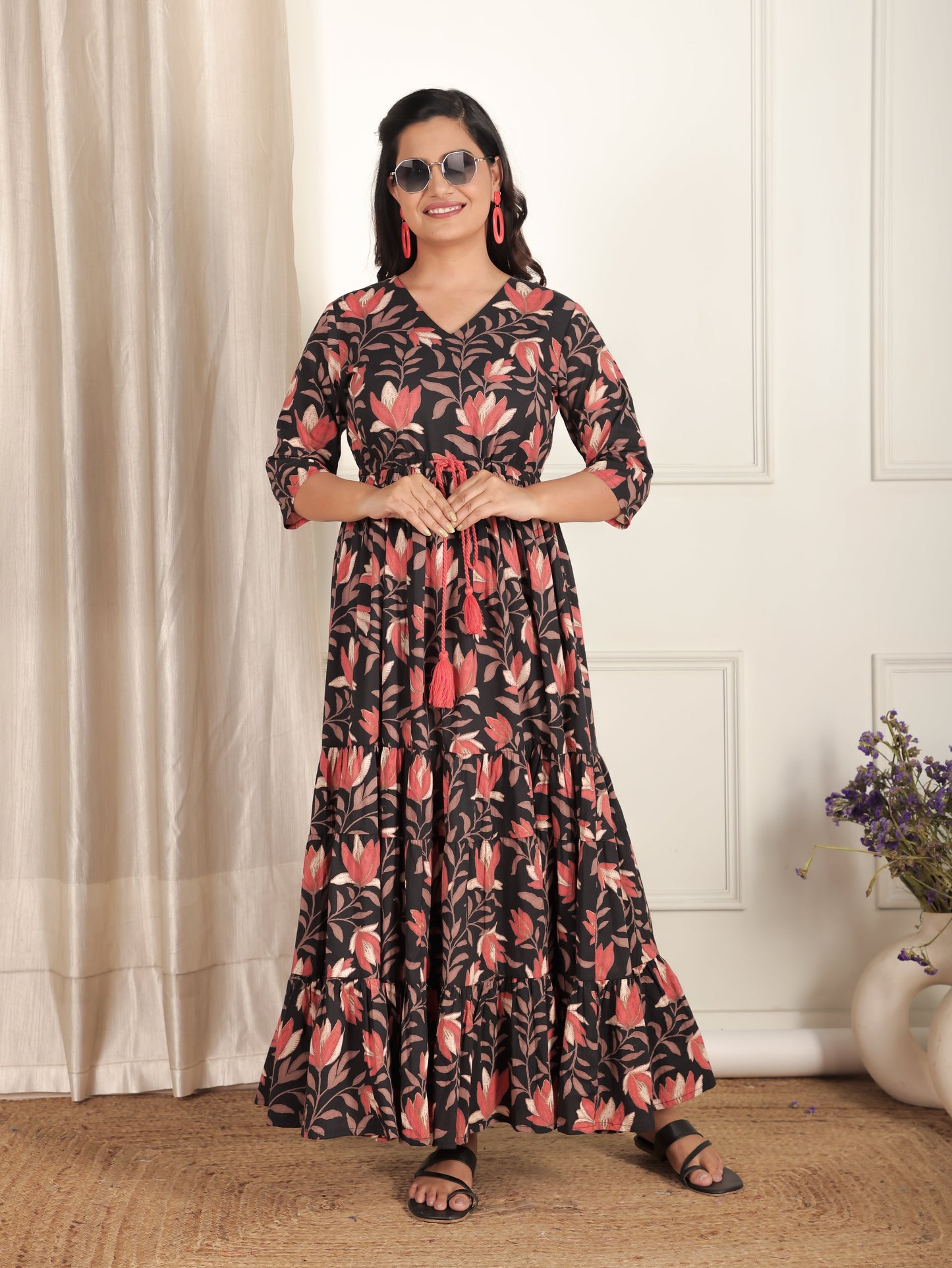 Soft Cotton Floral Tiered Black Dress
