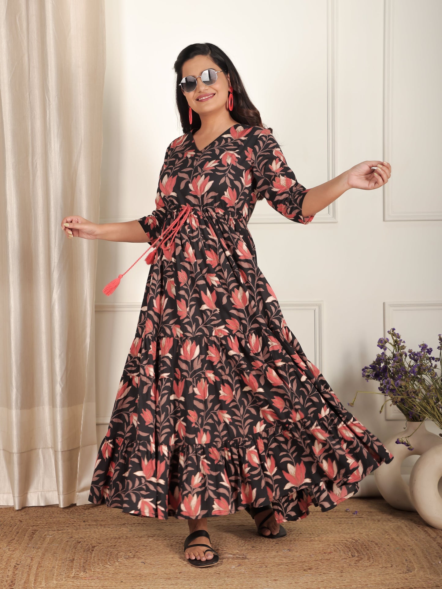 Soft Cotton Floral Tiered Black Dress