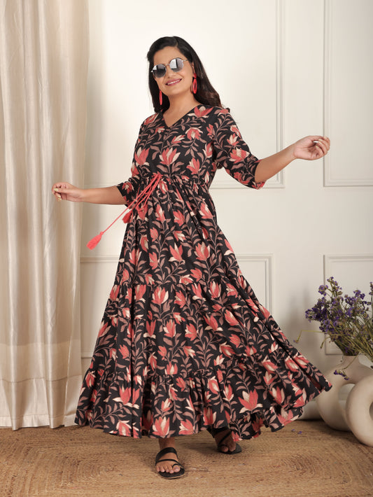 Soft Cotton Floral Tiered Black Dress