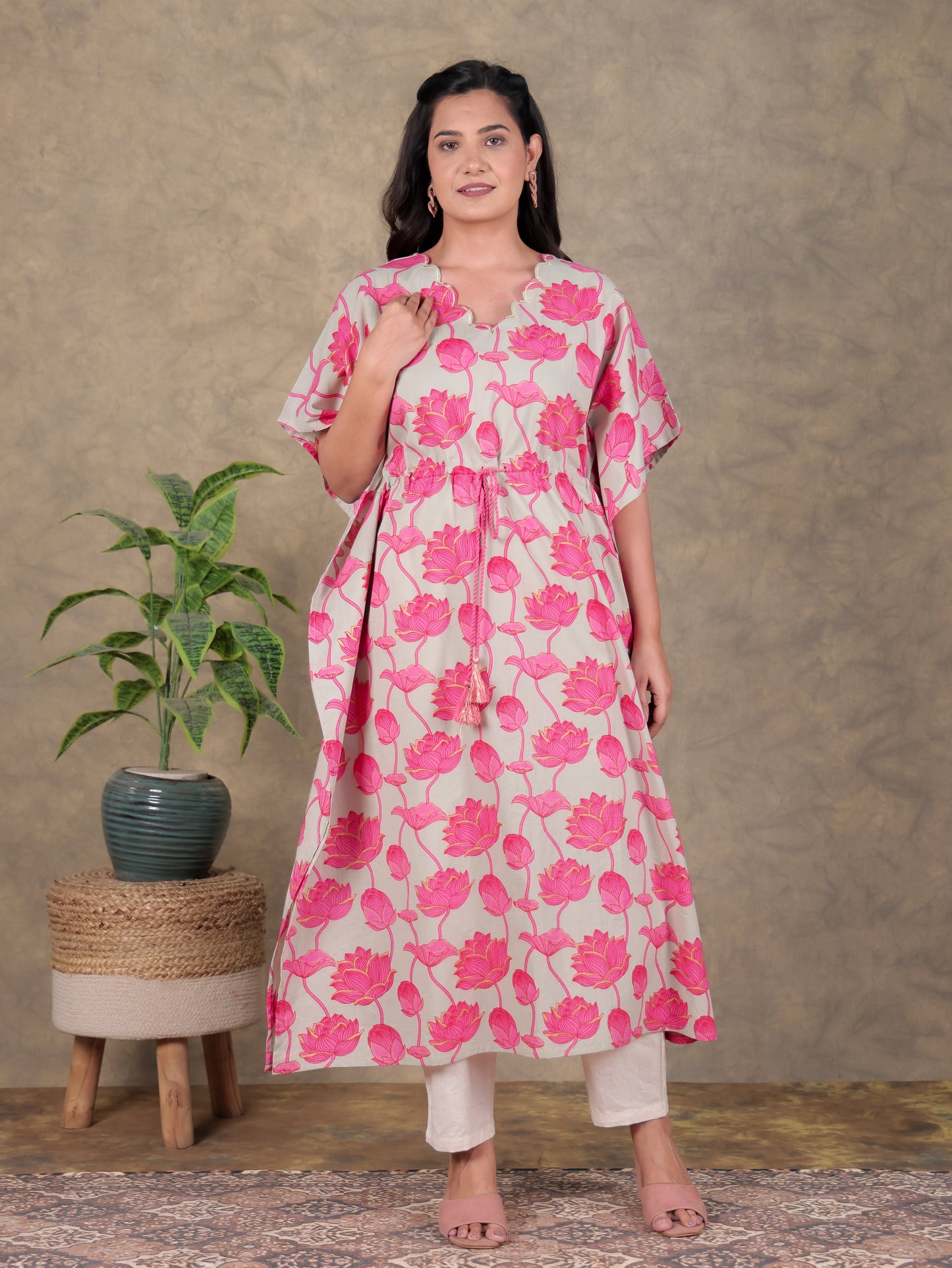Embroidered Soft Cotton Floral Kaftan Grey Kurta