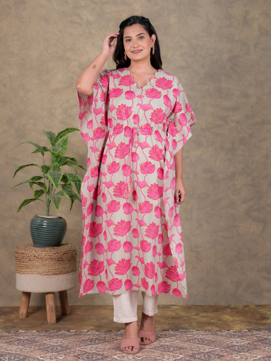 Embroidered Soft Cotton Floral Kaftan Grey Kurta