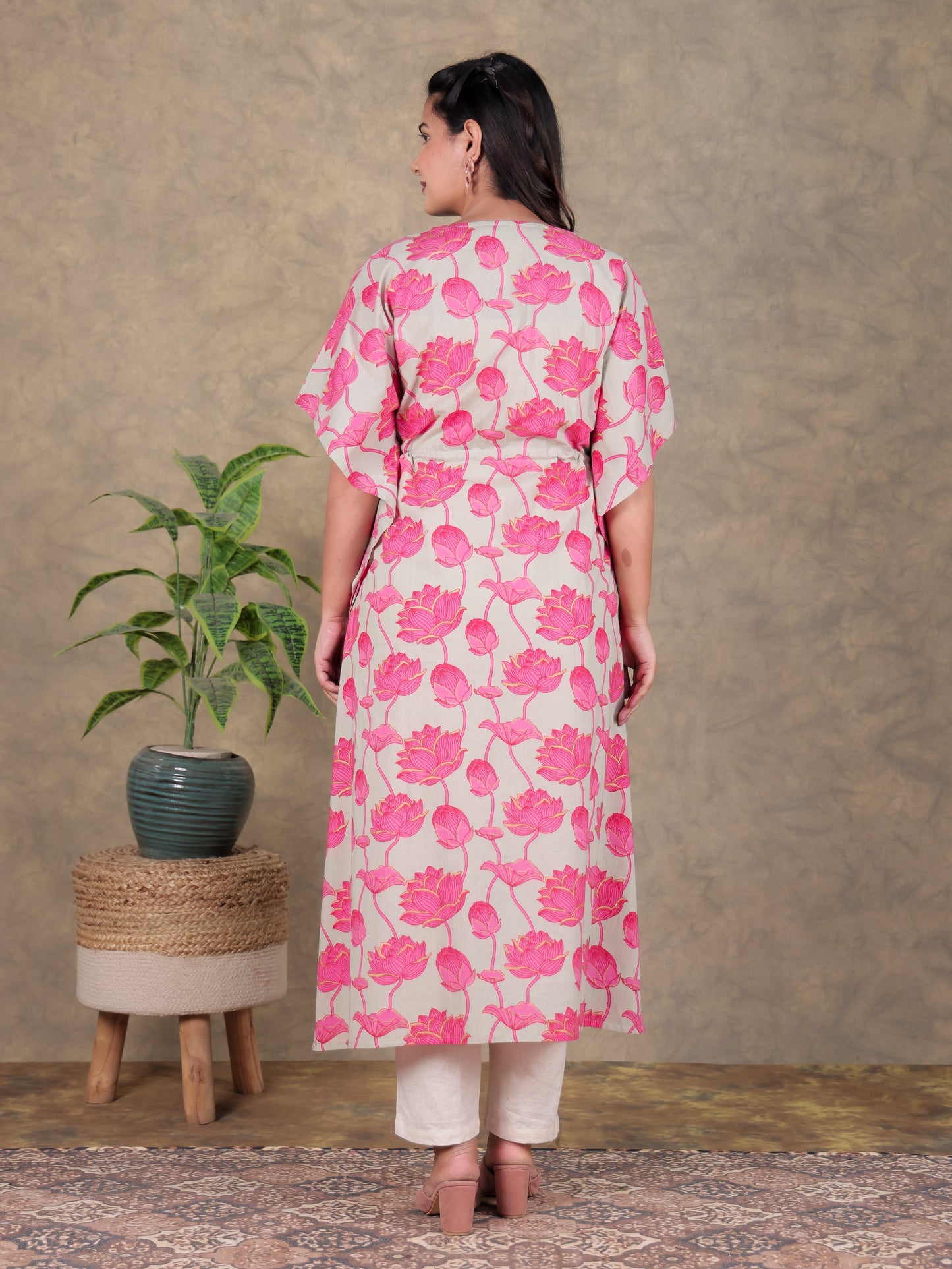 Embroidered Soft Cotton Floral Kaftan Grey Kurta