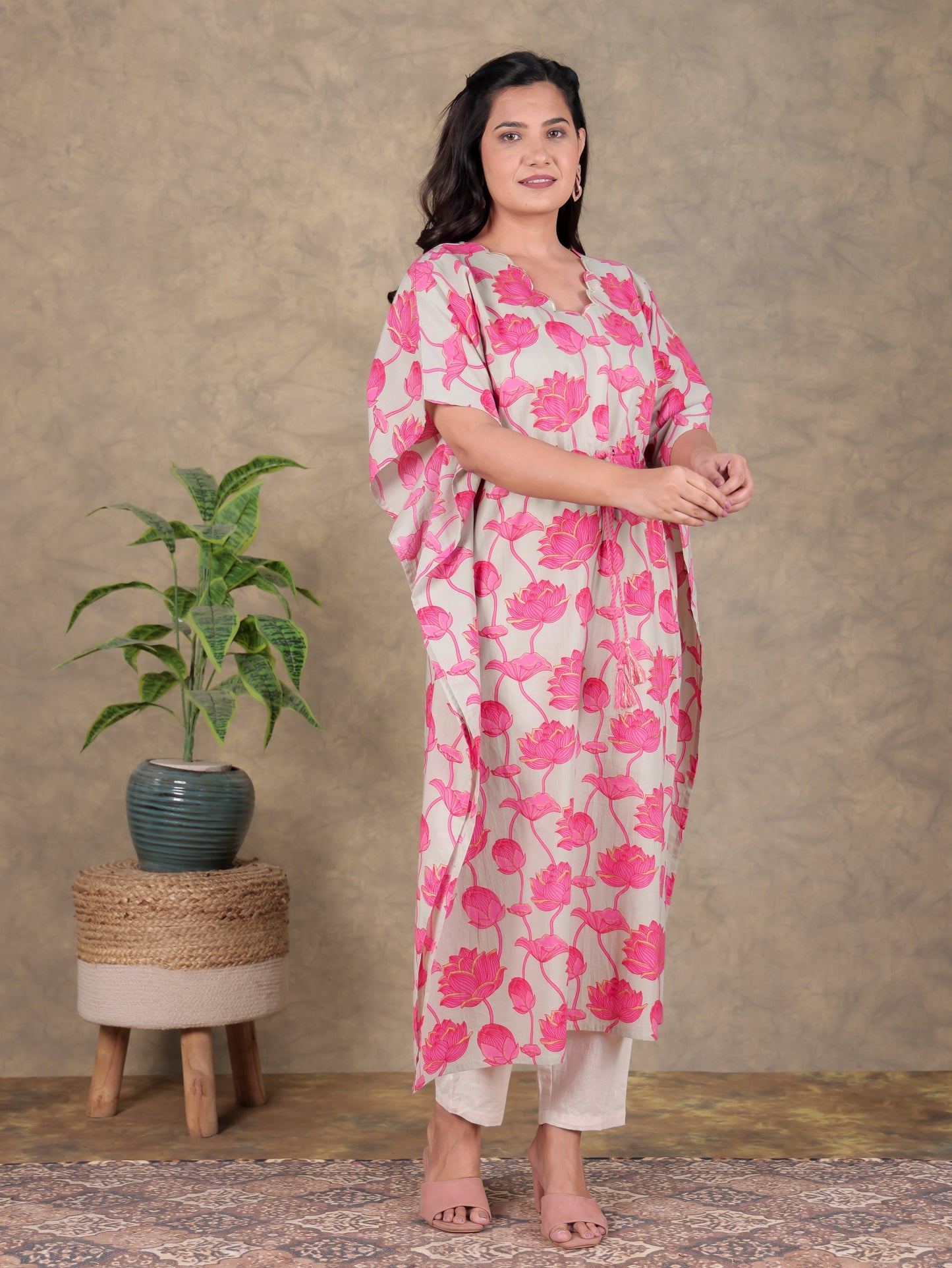 Embroidered Soft Cotton Floral Kaftan Grey Kurta