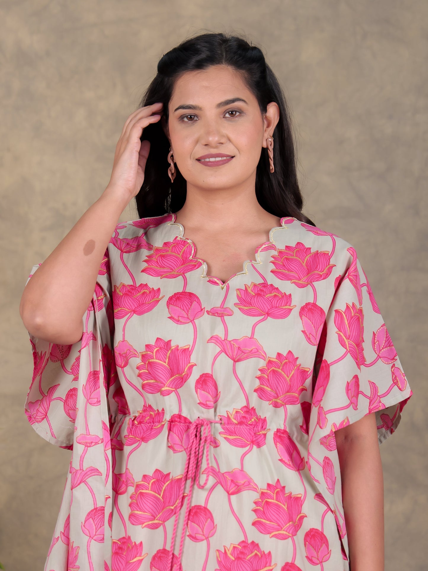 Embroidered Soft Cotton Floral Kaftan Grey Kurta