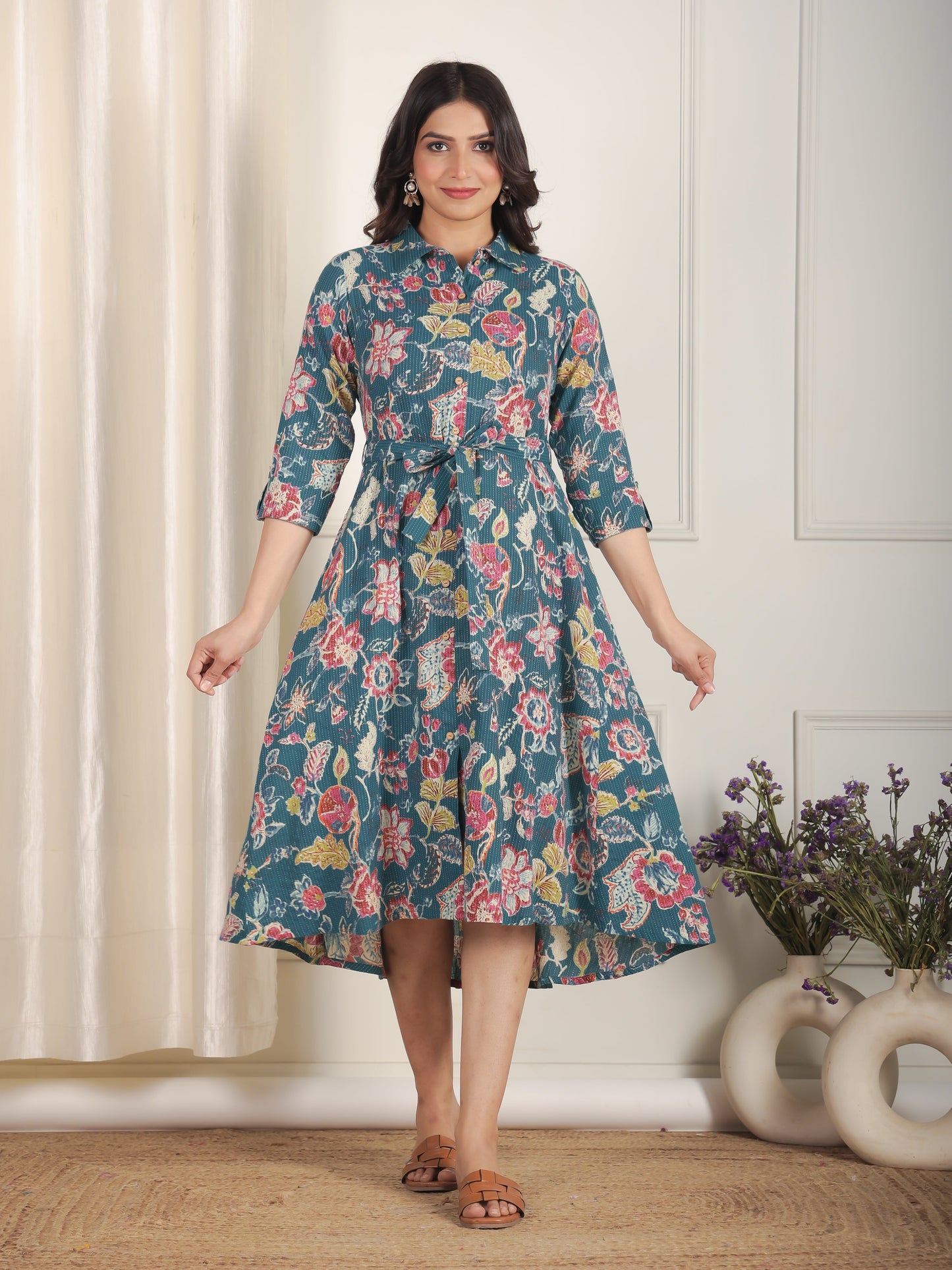 Kantha Cotton Floral Flared Teal Dress (With Belt)