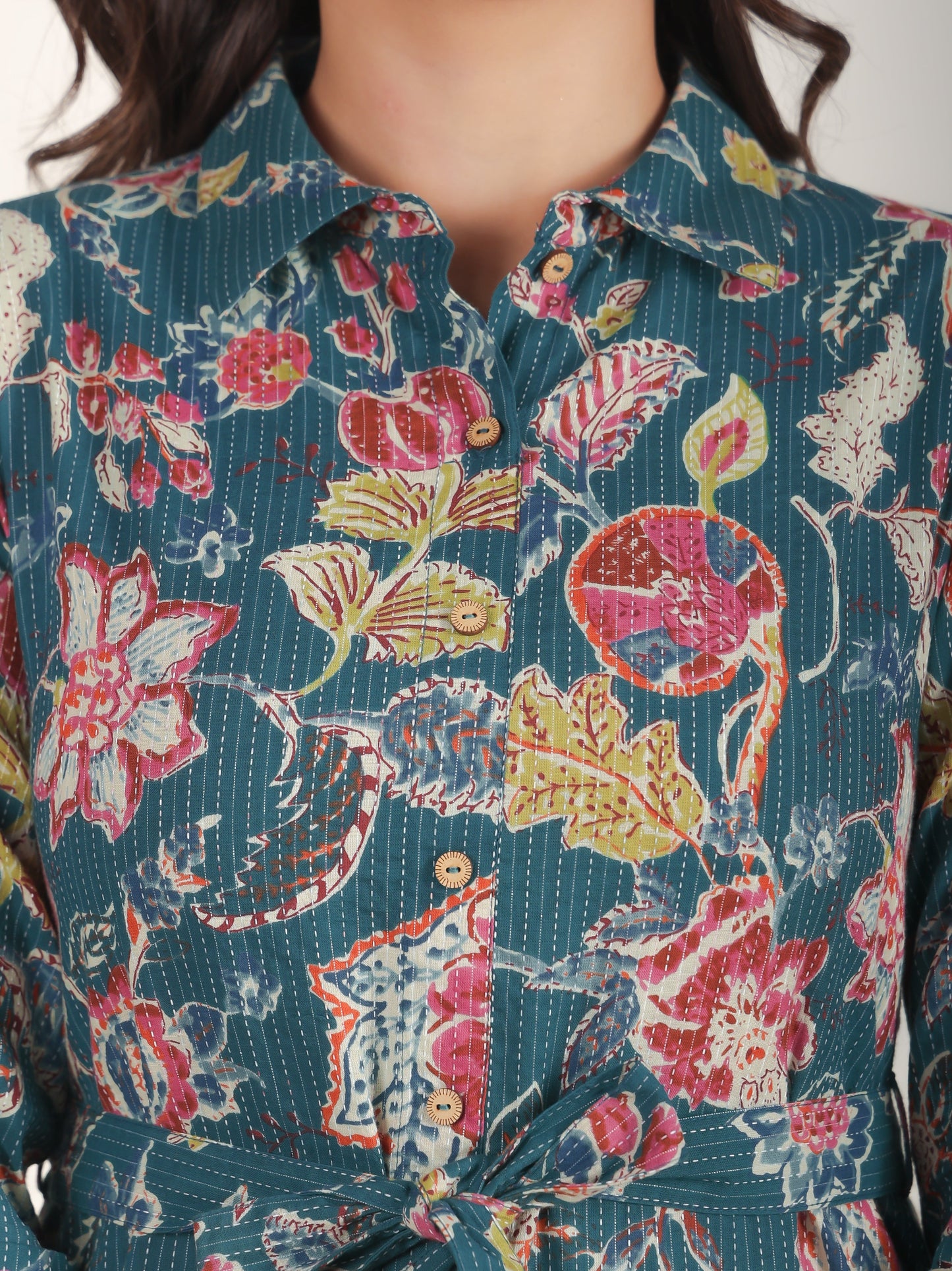 Kantha Cotton Floral Flared Teal Dress (With Belt)
