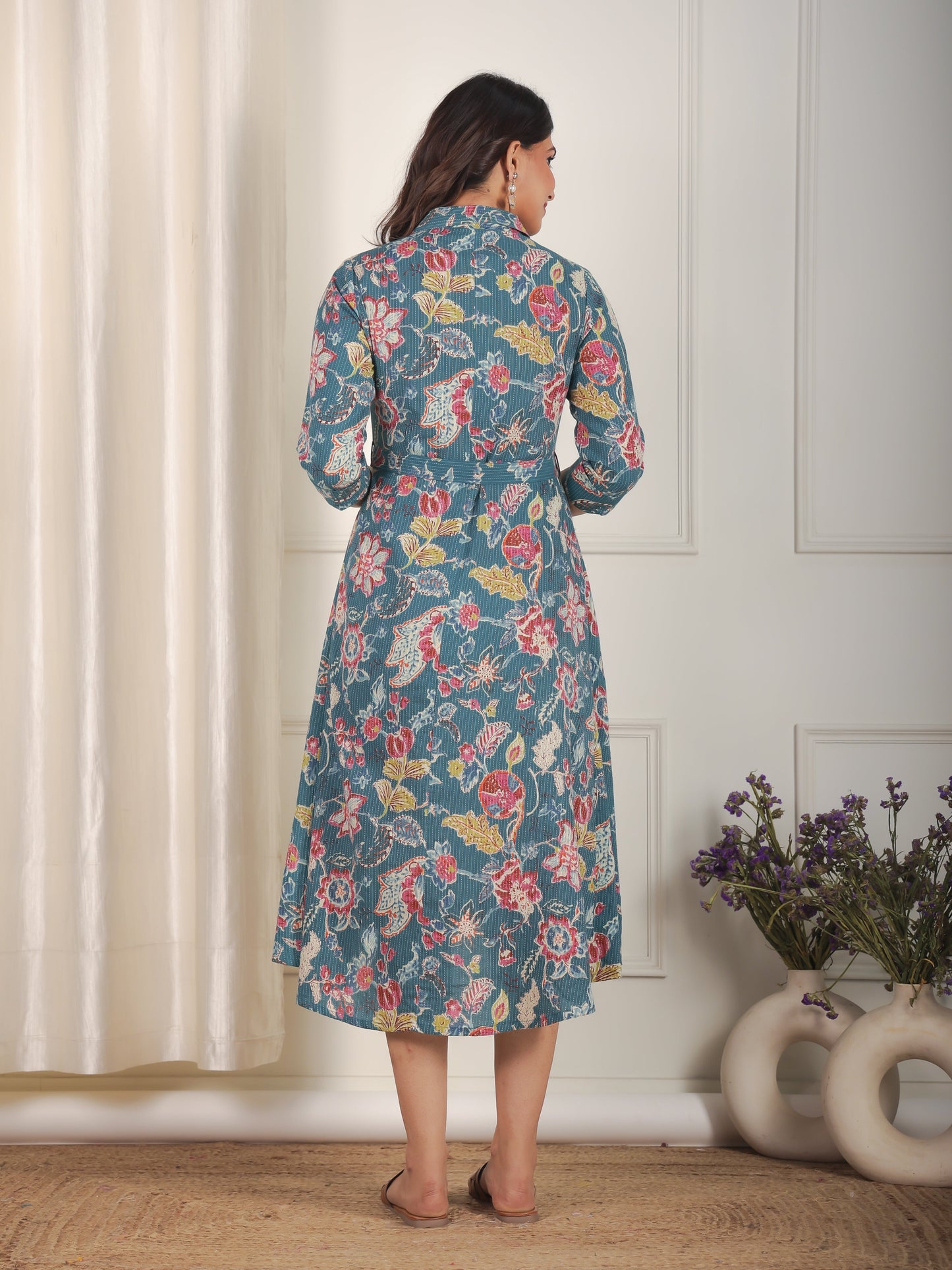 Kantha Cotton Floral Flared Teal Dress (With Belt)