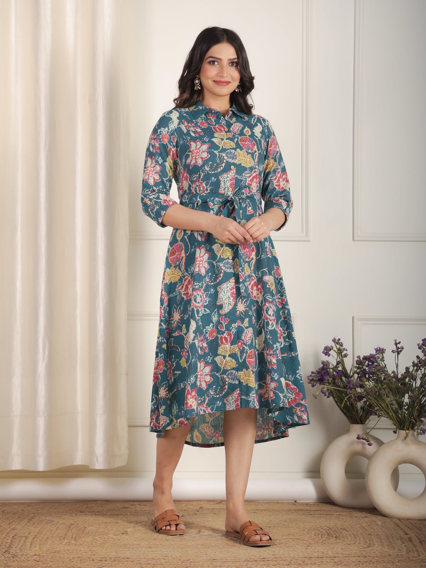 Kantha Cotton Floral Flared Teal Dress (With Belt)