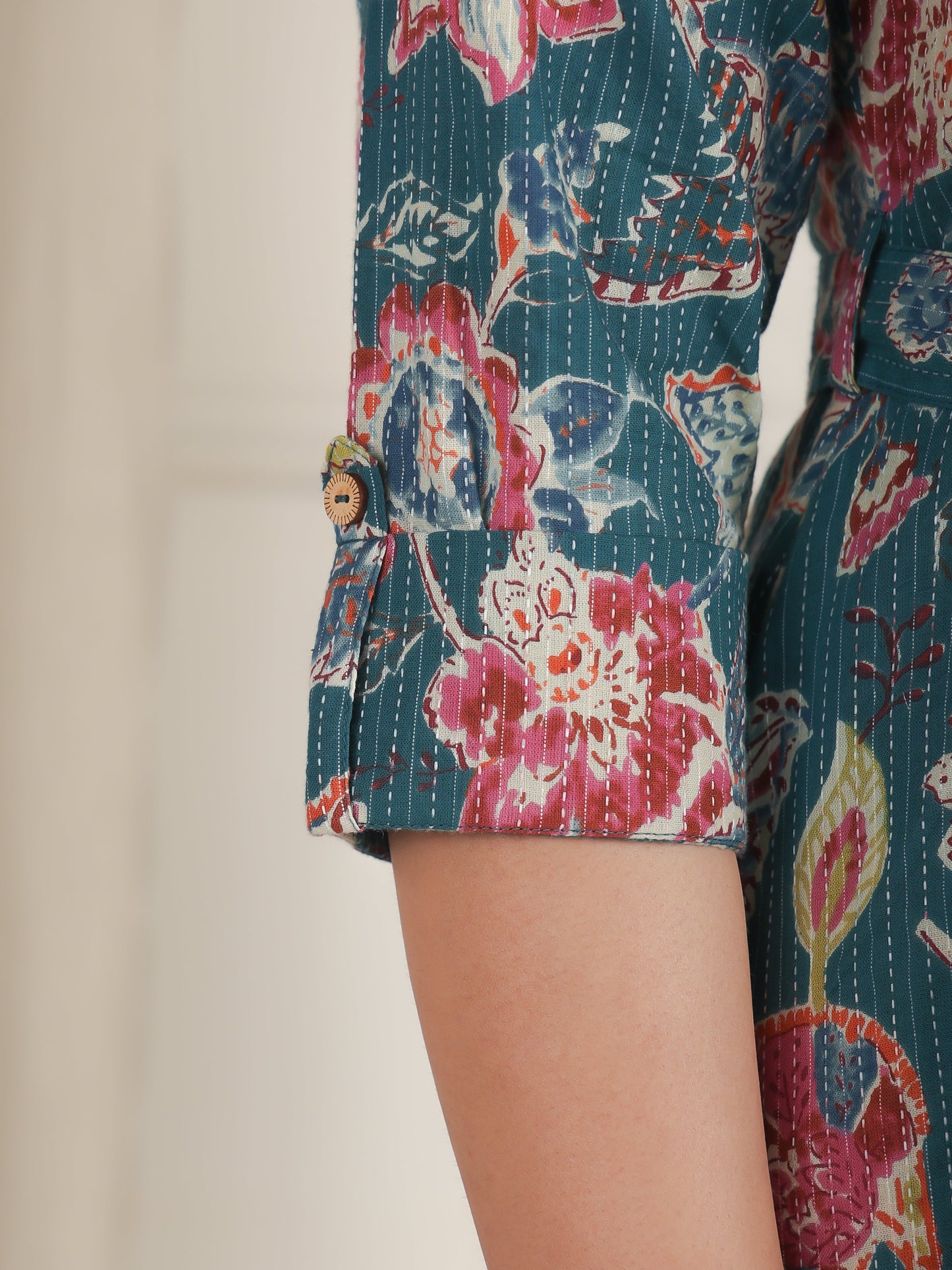 Kantha Cotton Floral Flared Teal Dress (With Belt)