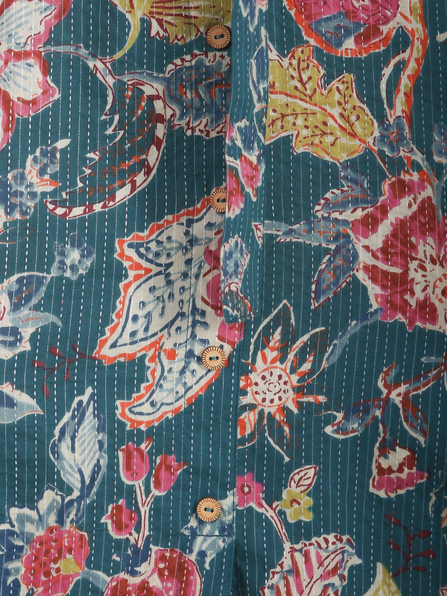 Kantha Cotton Floral Flared Teal Dress (With Belt)