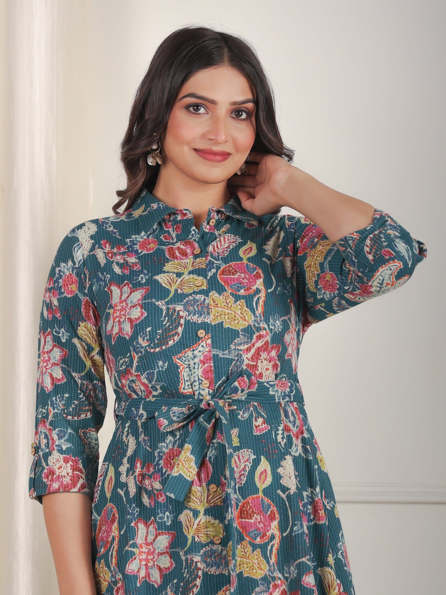 Kantha Cotton Floral Flared Teal Dress (With Belt)