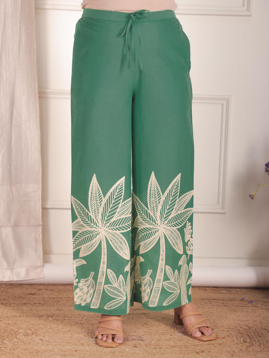 Soft Cotton Placement Print Green Straight Trousers