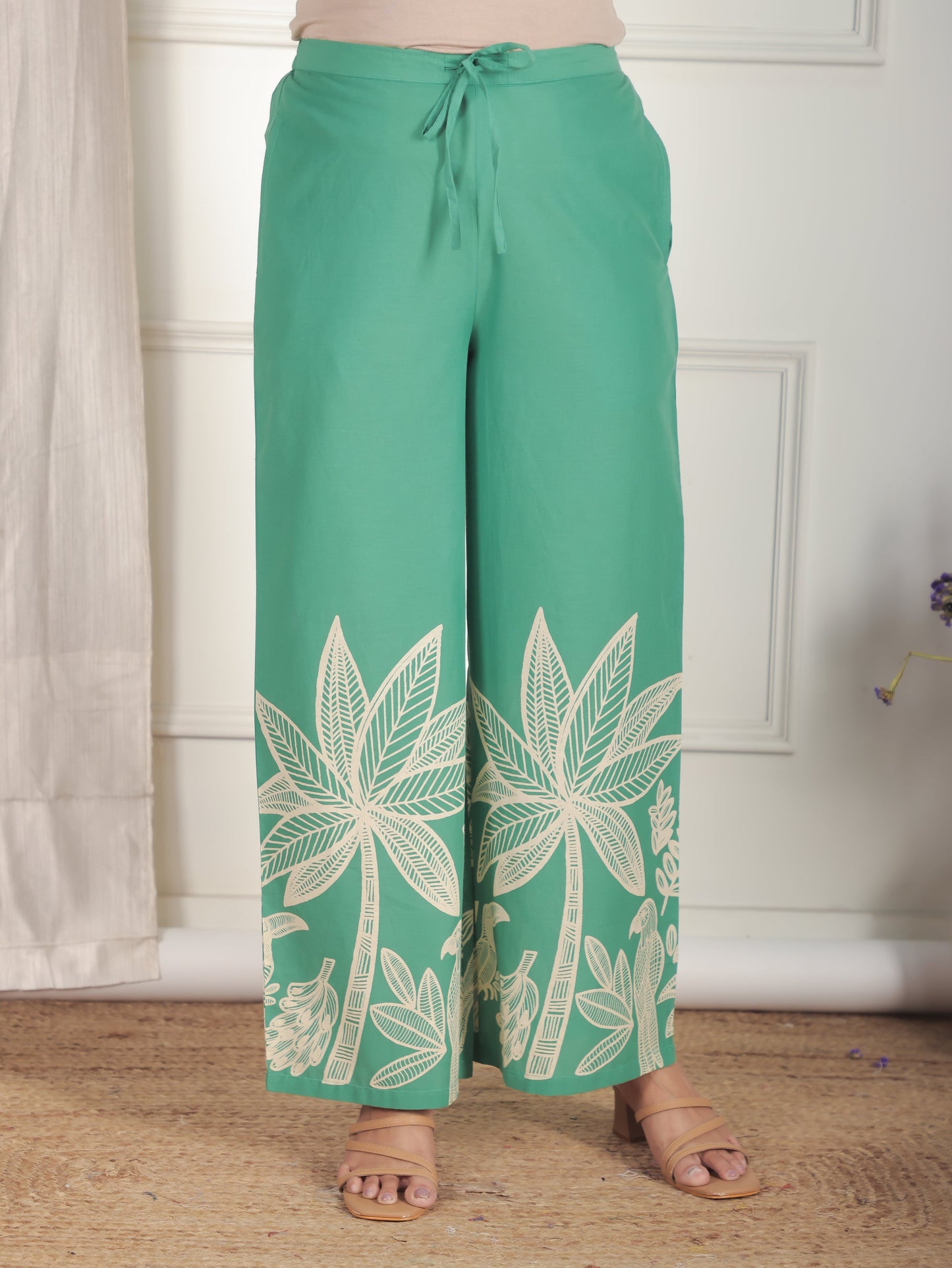 Soft Cotton Placement Print Green Flared Trousers