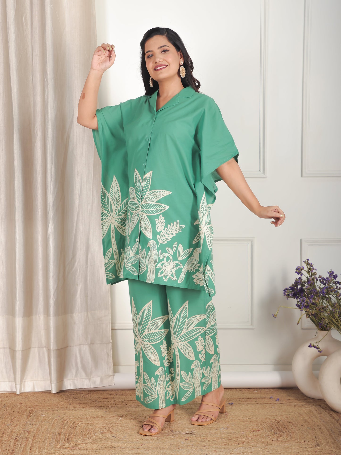Soft Cotton Placement Print Green Kaftan Shirt