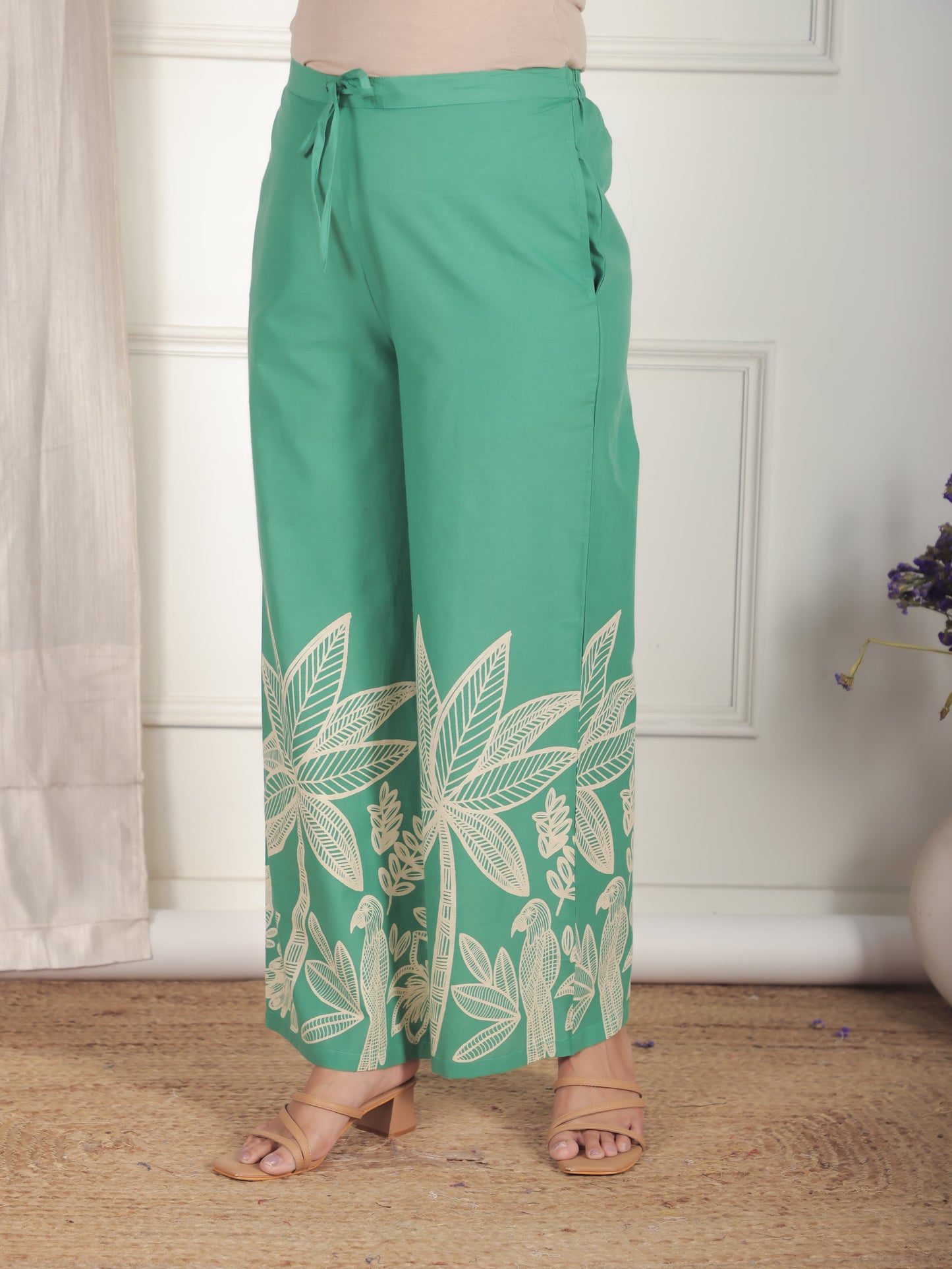 Soft Cotton Placement Print Green Kaftan Shirt