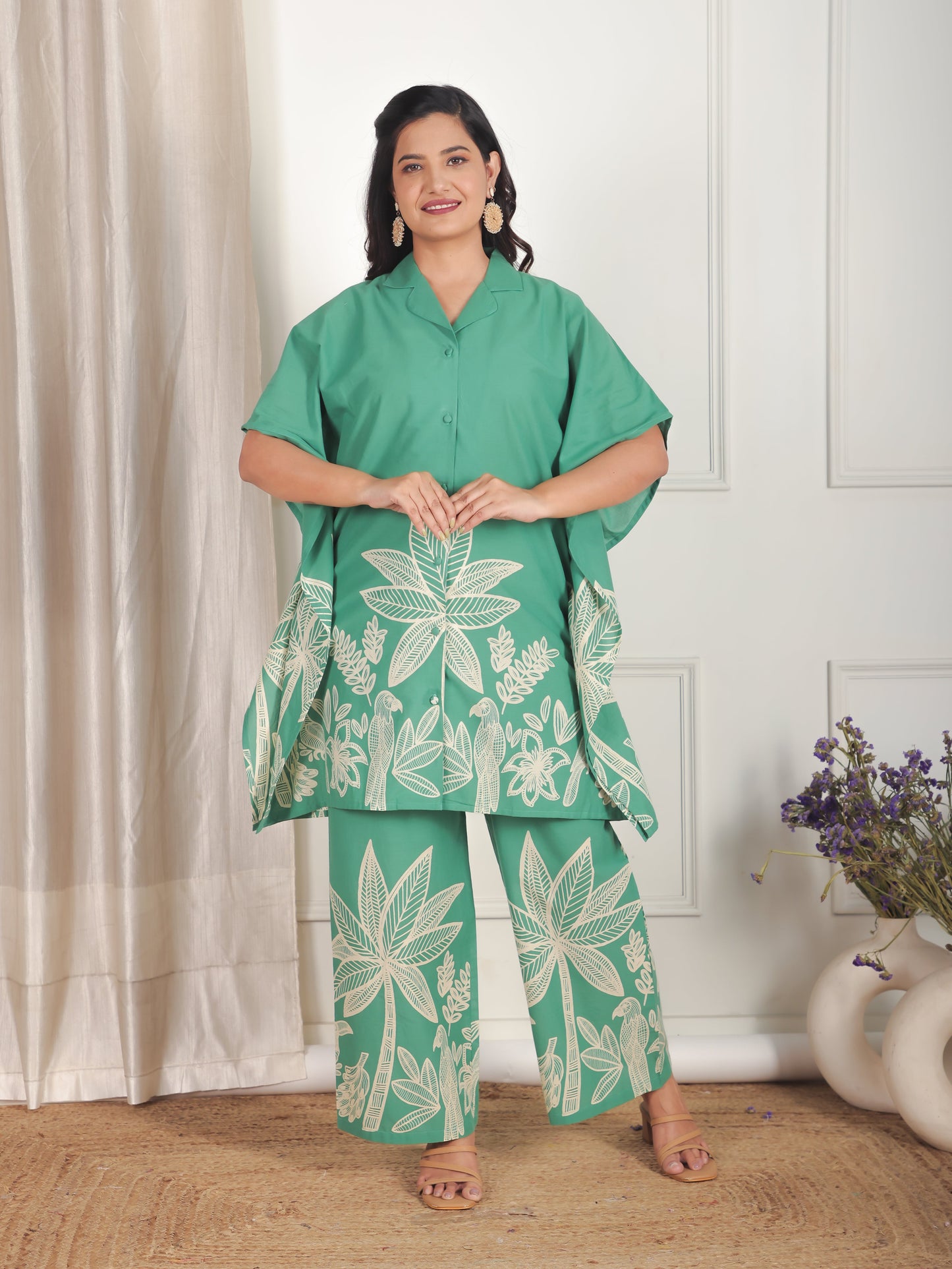 Soft Cotton Placement Print Green Kaftan Shirt