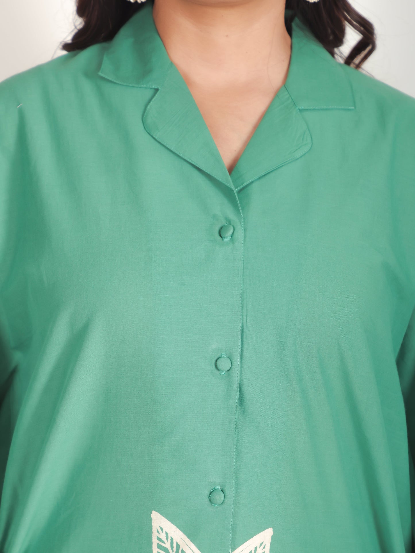 Soft Cotton Placement Print Green Kaftan Shirt
