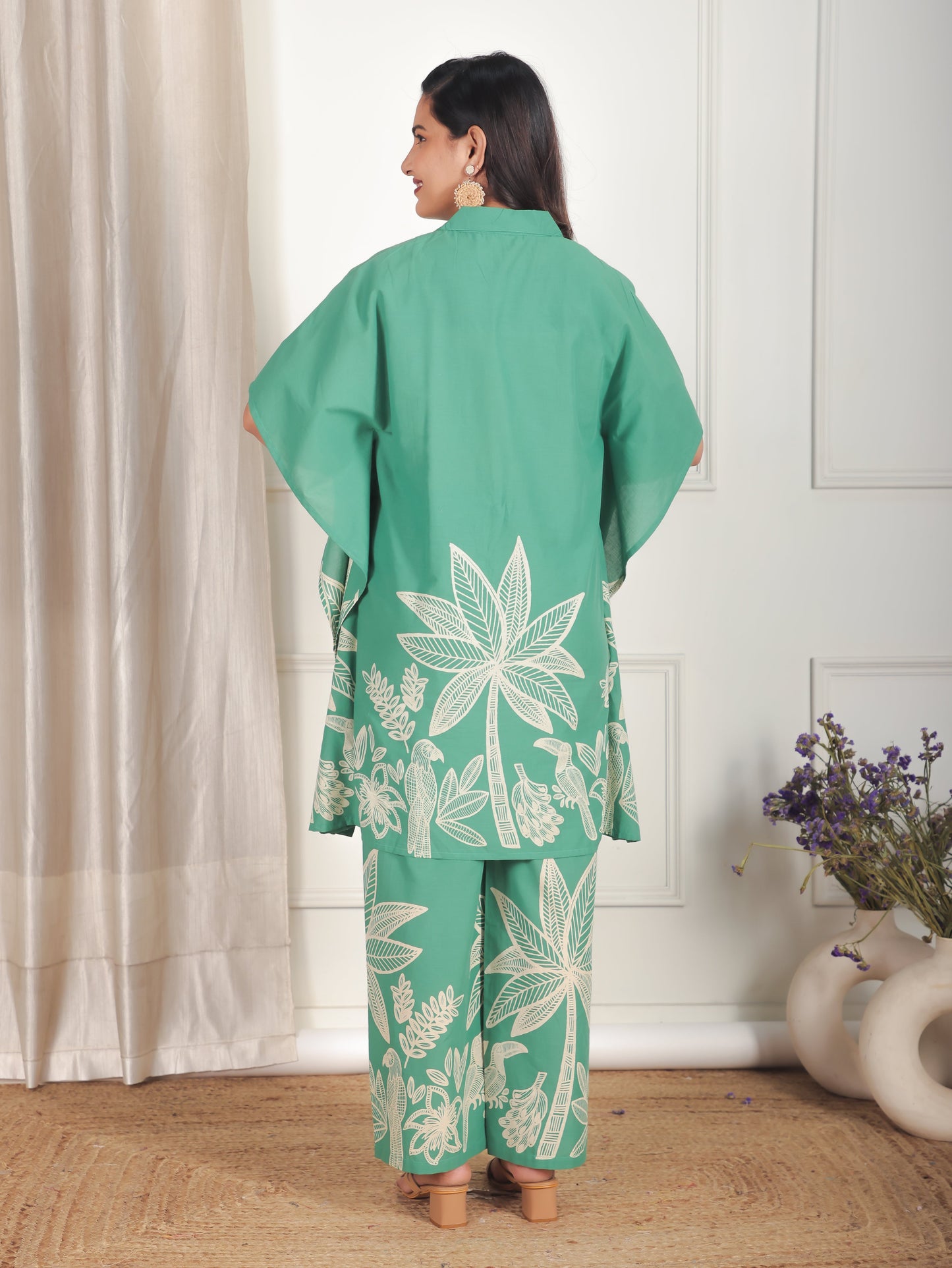 Soft Cotton Placement Print Green Kaftan Shirt