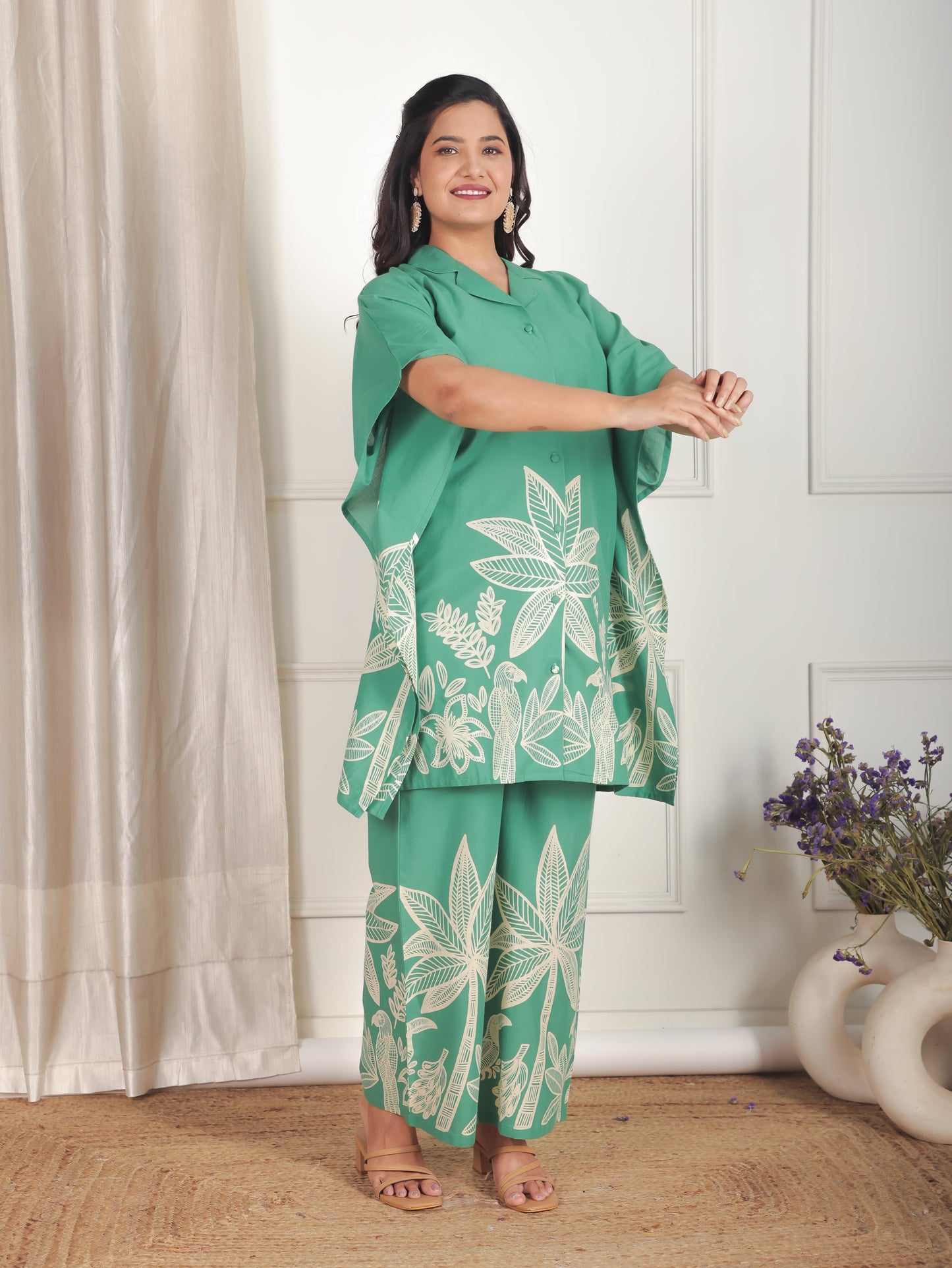 Soft Cotton Placement Print Green Kaftan Shirt