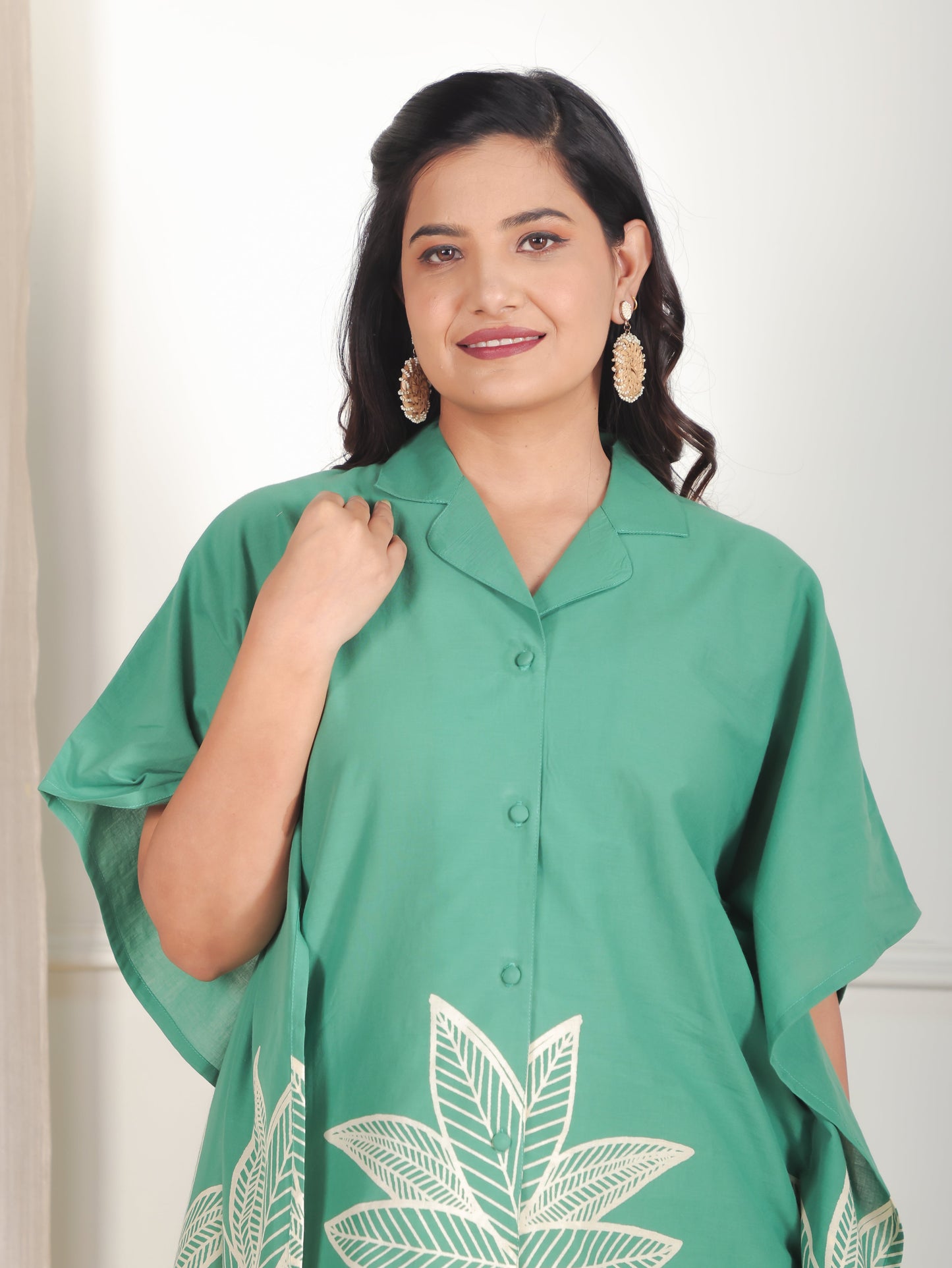 Soft Cotton Placement Print Green Kaftan Shirt