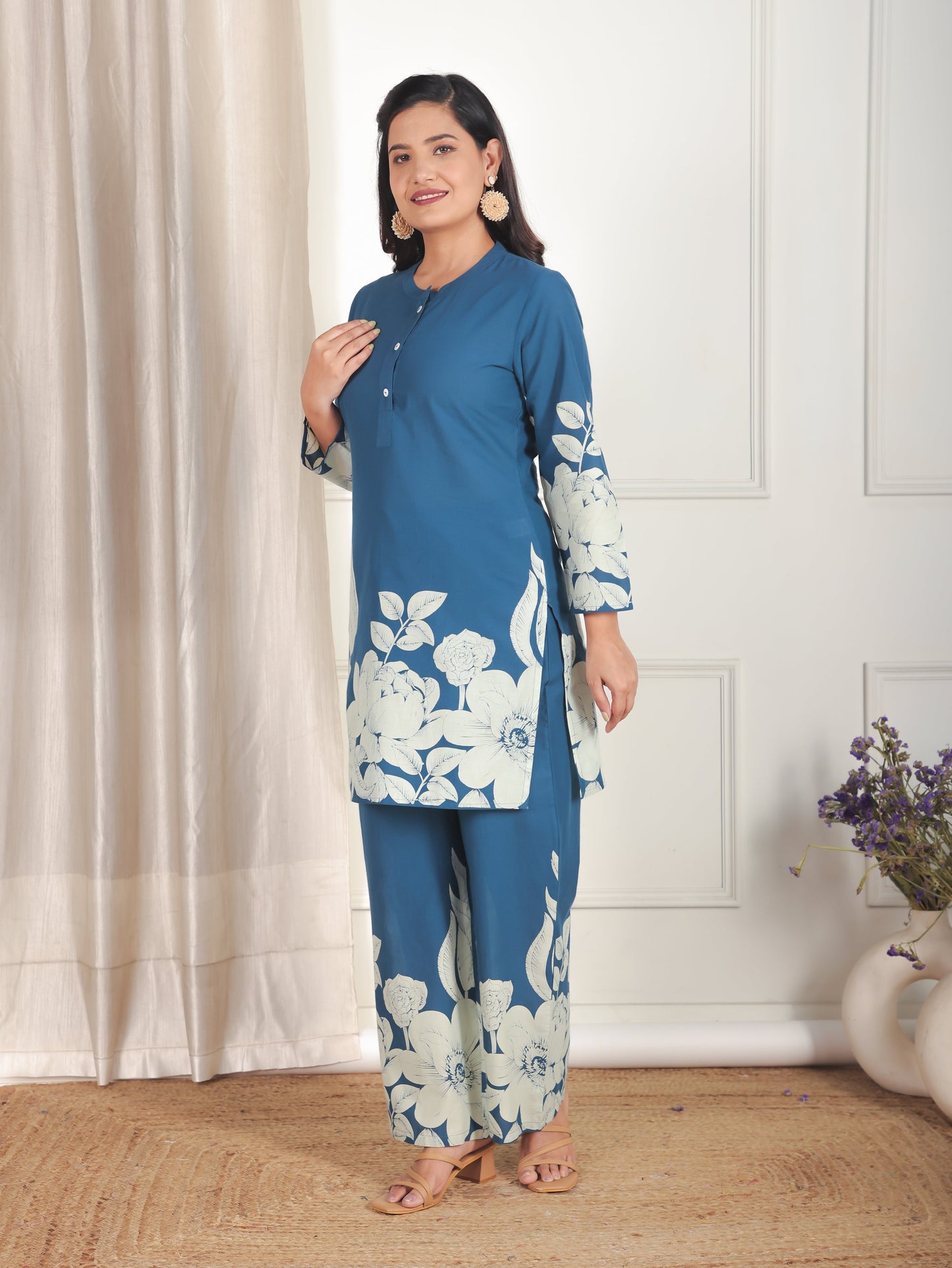 Soft Cotton Placement Print Straight Blue Kurta