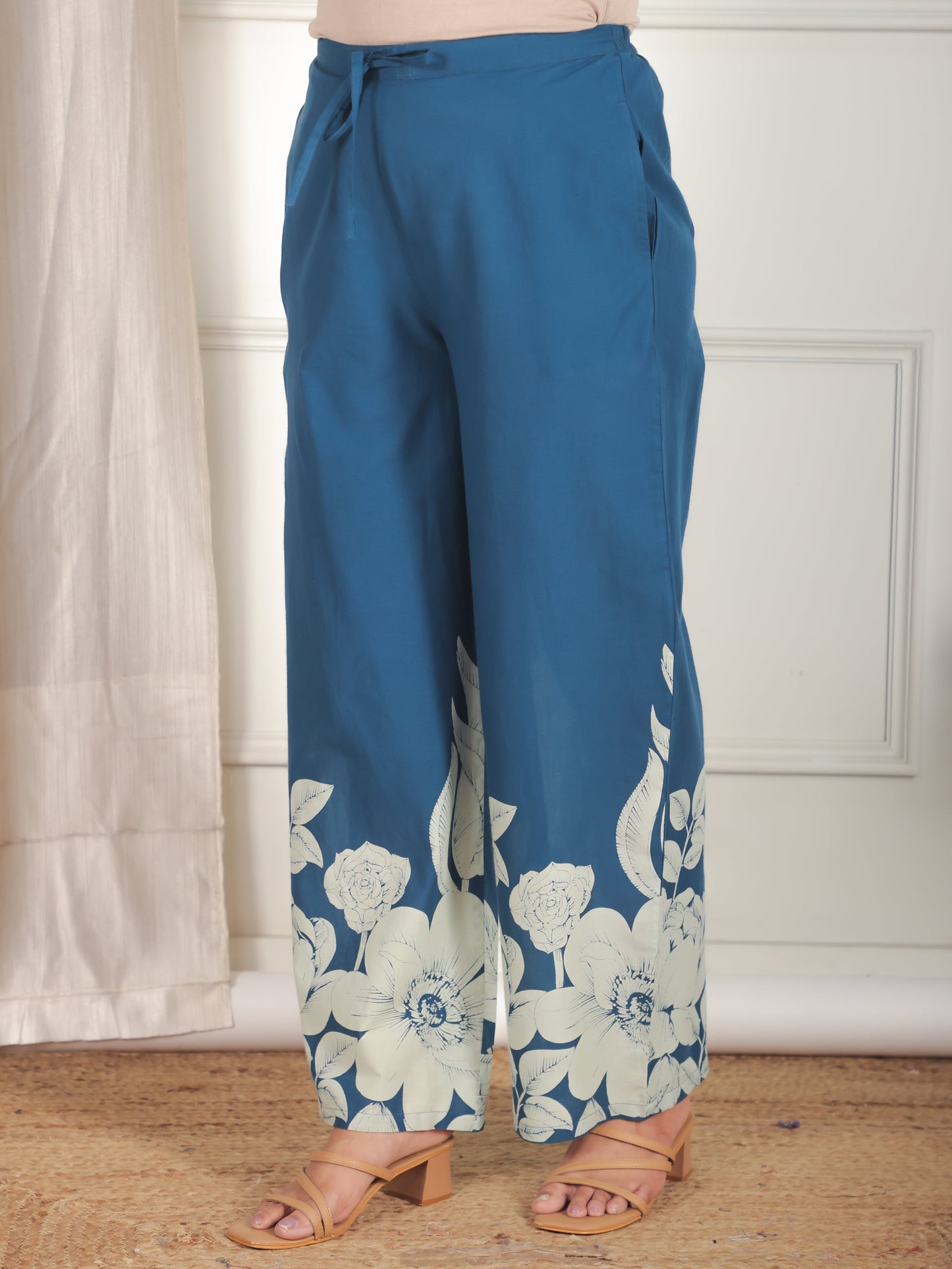 Soft Cotton Placement Print Straight Blue Kurta