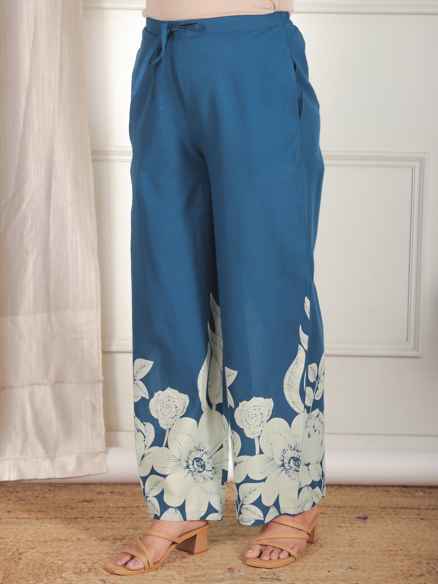 Soft Cotton Placement Print Straight Blue Kurta