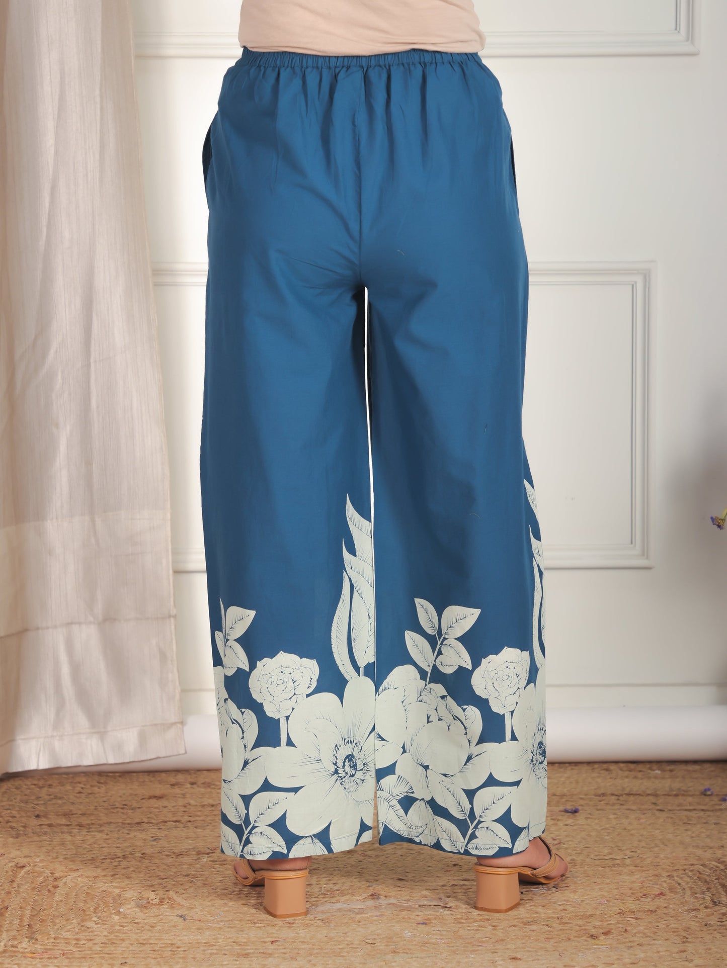 Soft Cotton Placement Print Straight Blue Kurta