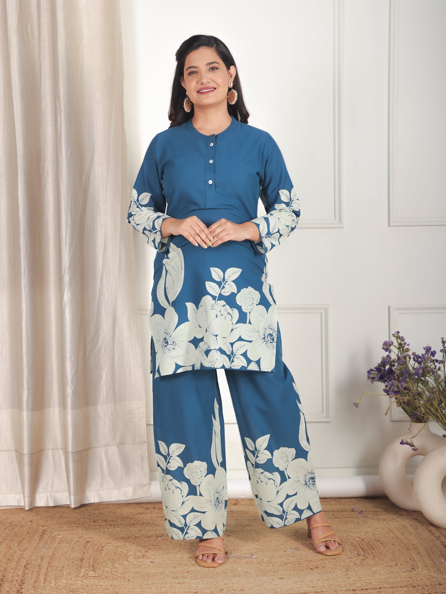 Soft Cotton Placement Print Straight Blue Kurta