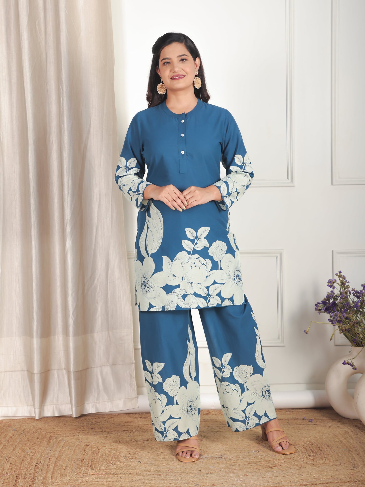 Soft Cotton Placement Print Straight Blue Kurta