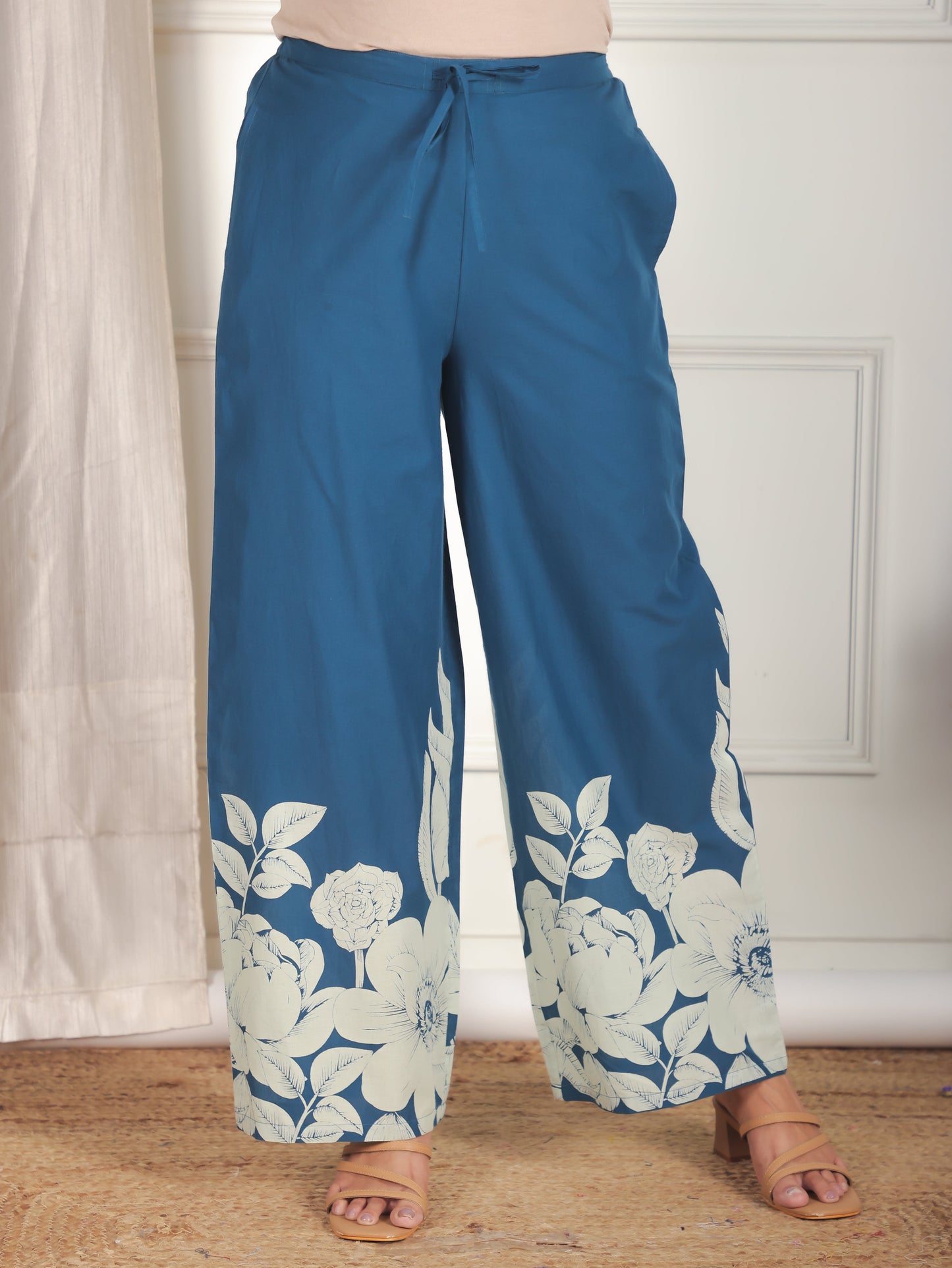 Soft Cotton Placement Print Straight Blue Kurta