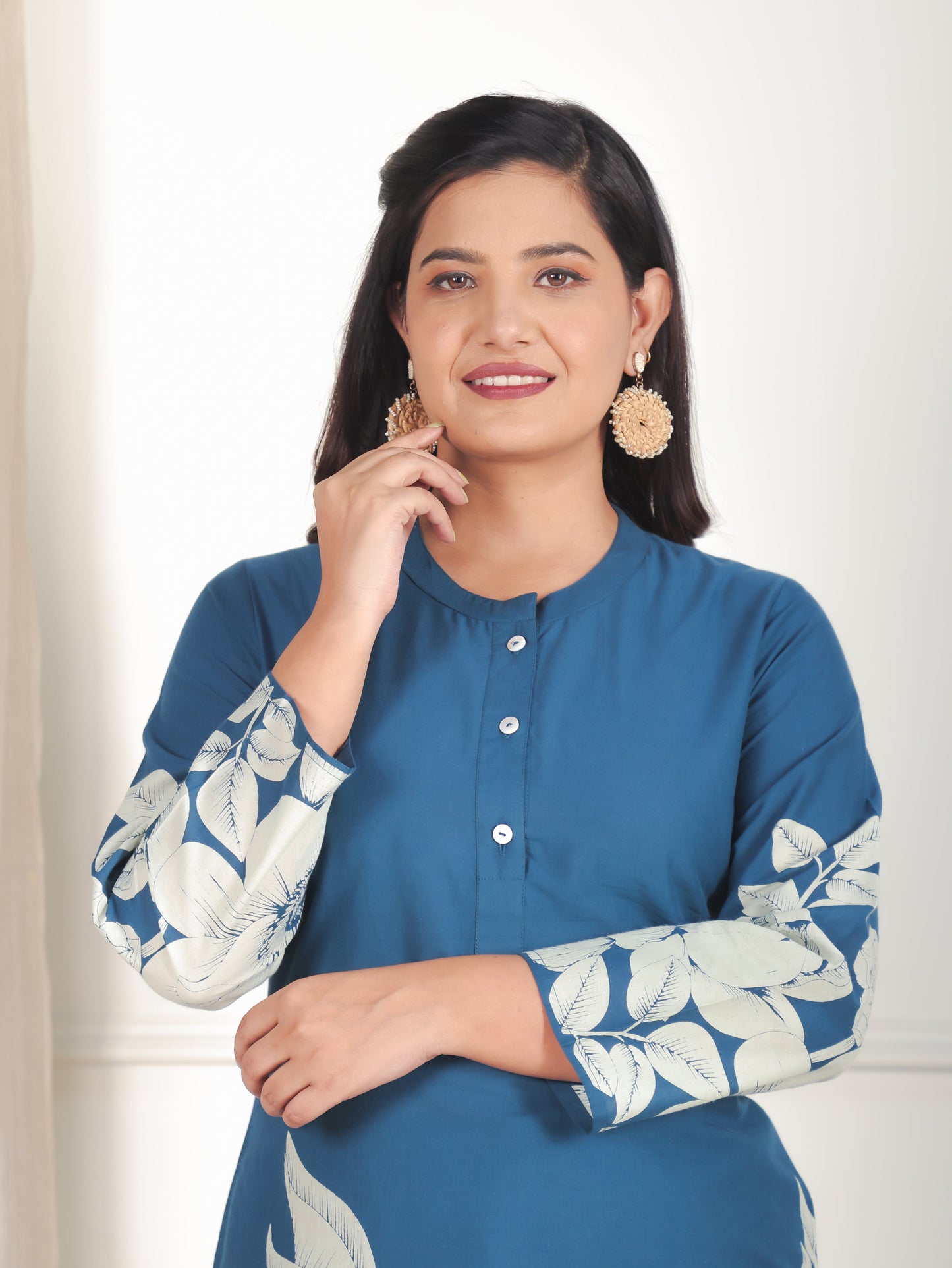 Soft Cotton Placement Print Straight Blue Kurta