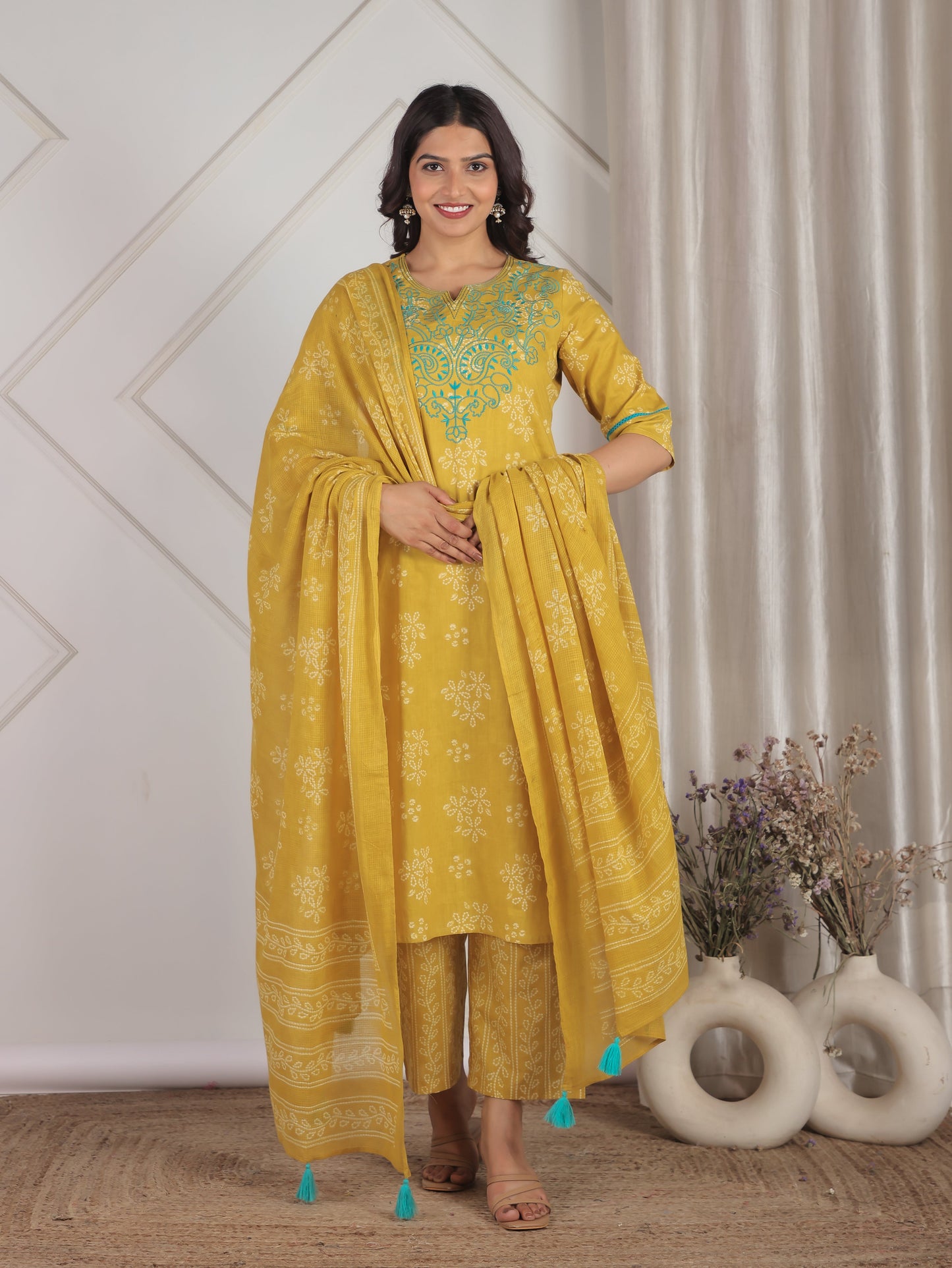 Kota Doria Bandhani Yellow Dupatta