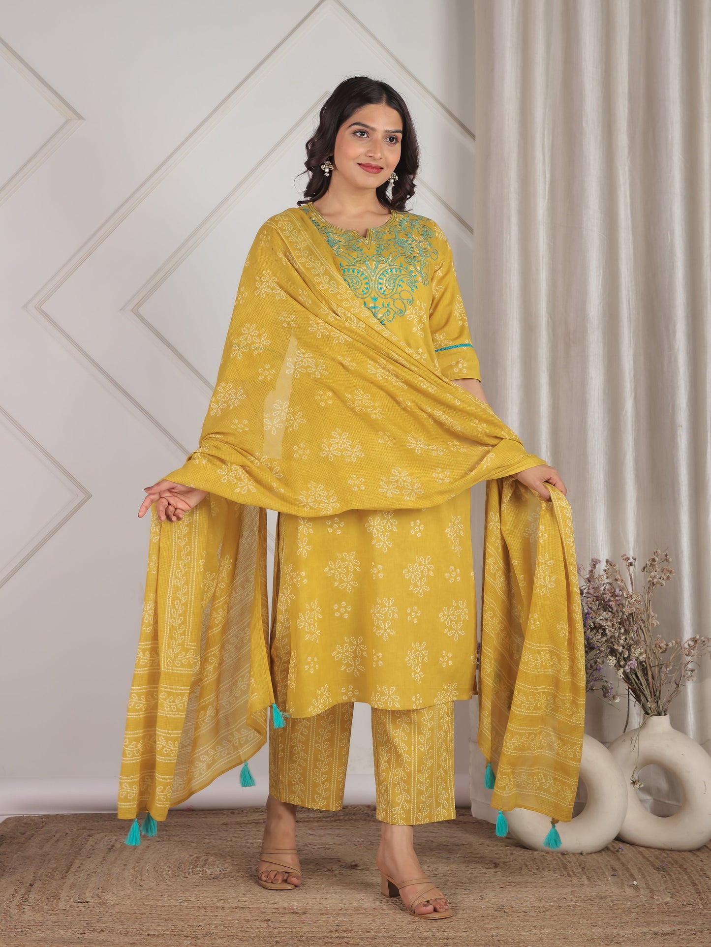 Kota Doria Bandhani Yellow Dupatta