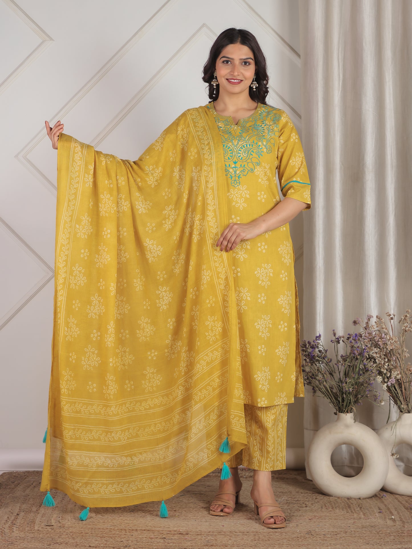 Embroidered Soft Cotton Bandhani Straight Yellow Kurta