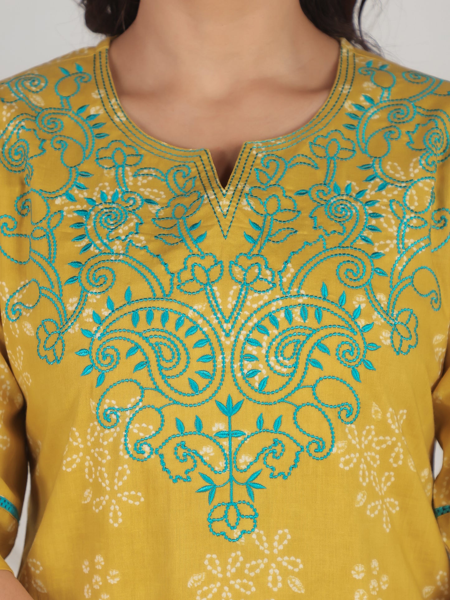 Embroidered Soft Cotton Bandhani Straight Yellow Kurta