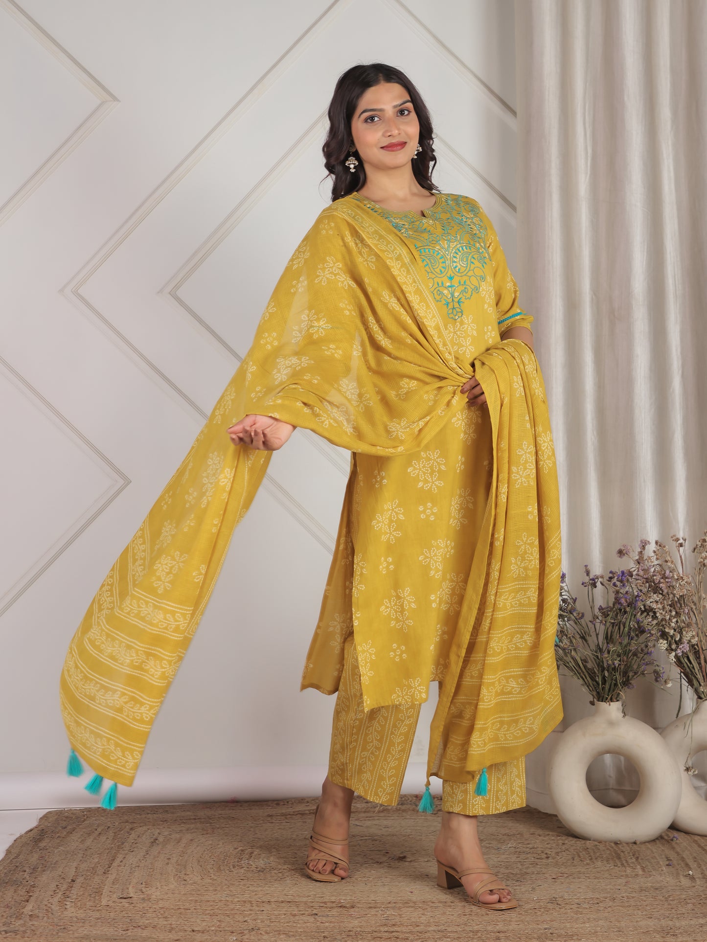 Embroidered Soft Cotton Bandhani Straight Yellow Kurta