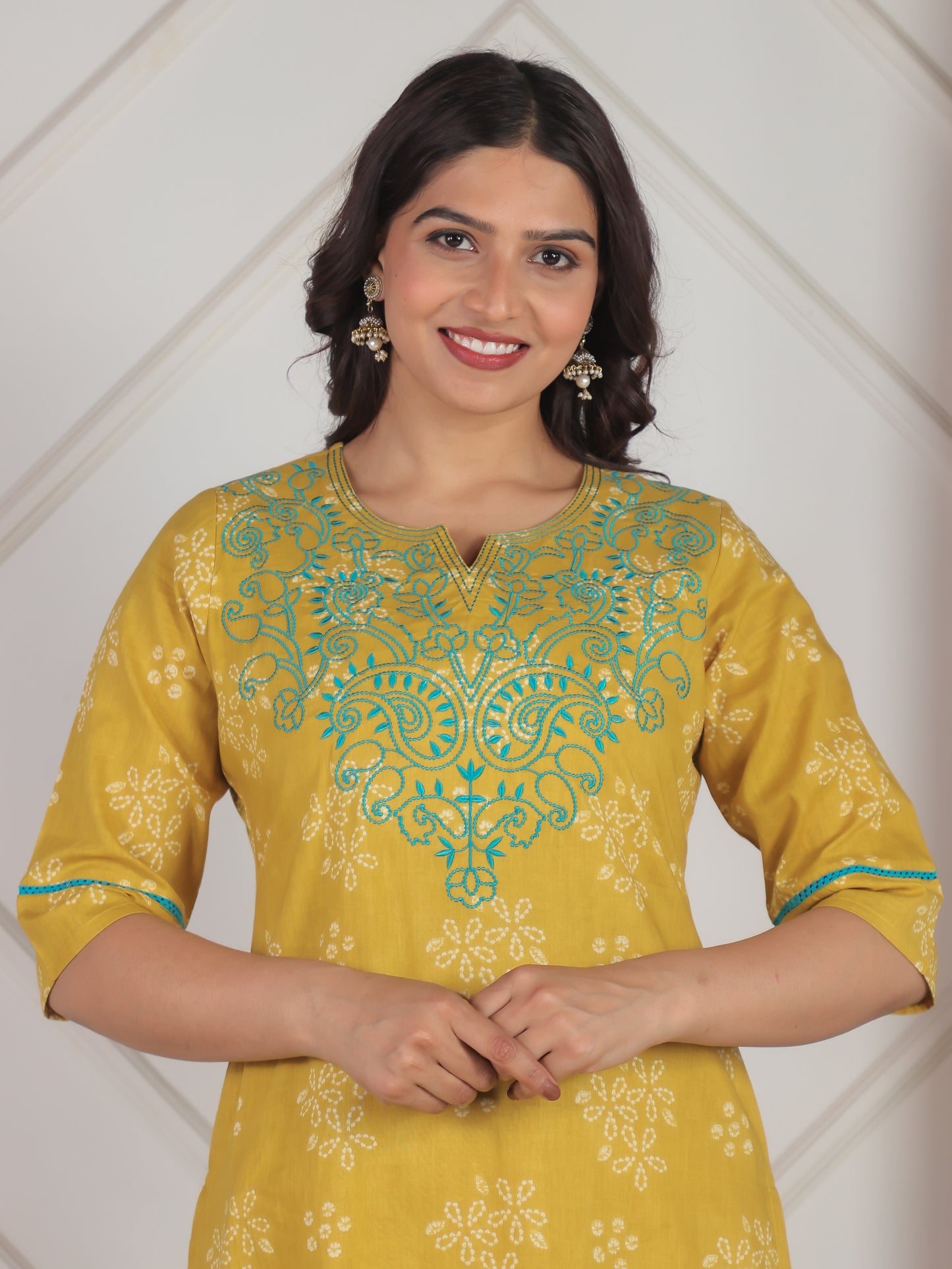 Embroidered Soft Cotton Bandhani Straight Yellow Kurta