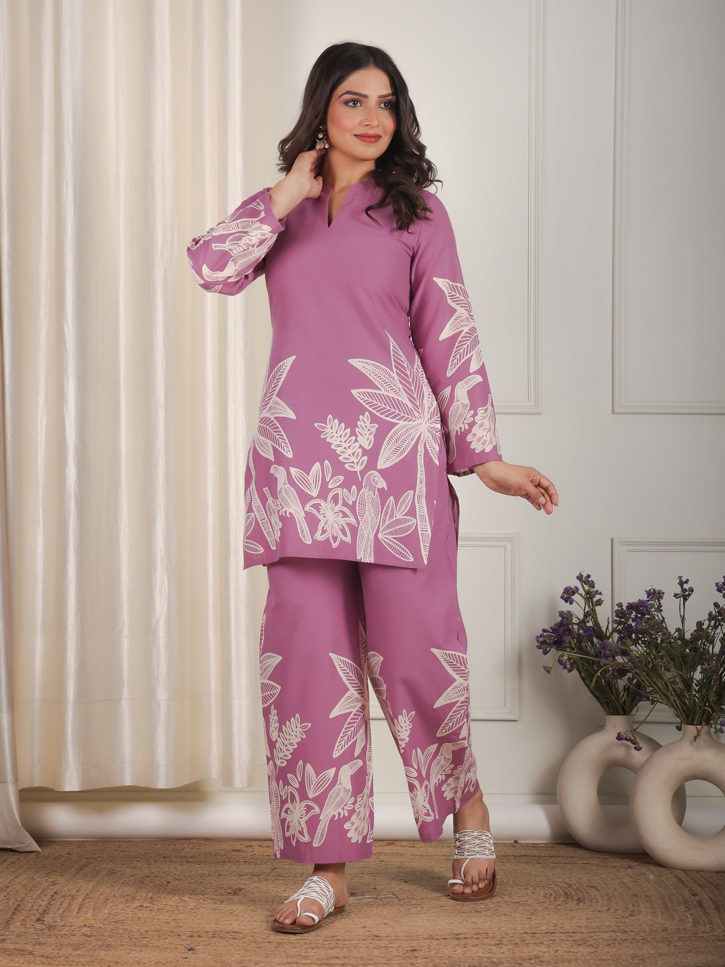 Soft Cotton Placement Print Straight Purple Co-Ord