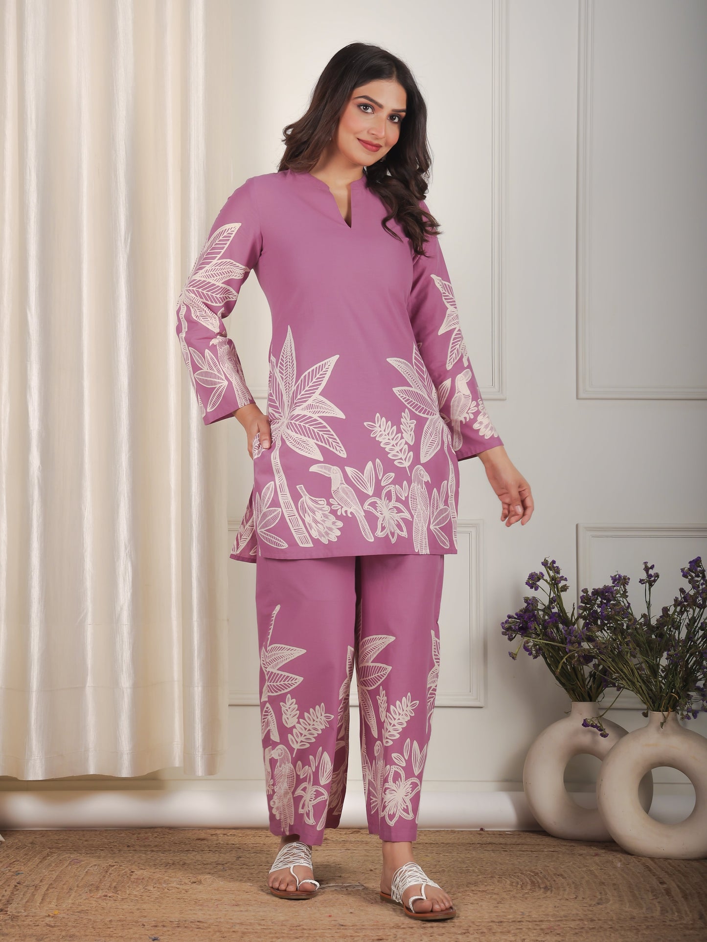 Soft Cotton Placement Print Straight Purple Co-Ord